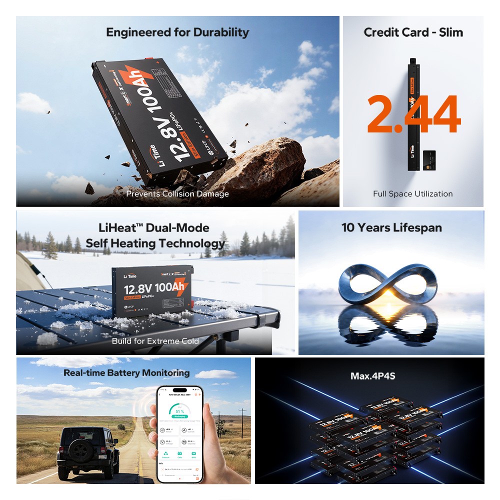 LiTime 12V 100Ah Slim Bluetooth Heating Metal Case Lithium Battery For RV Truck
