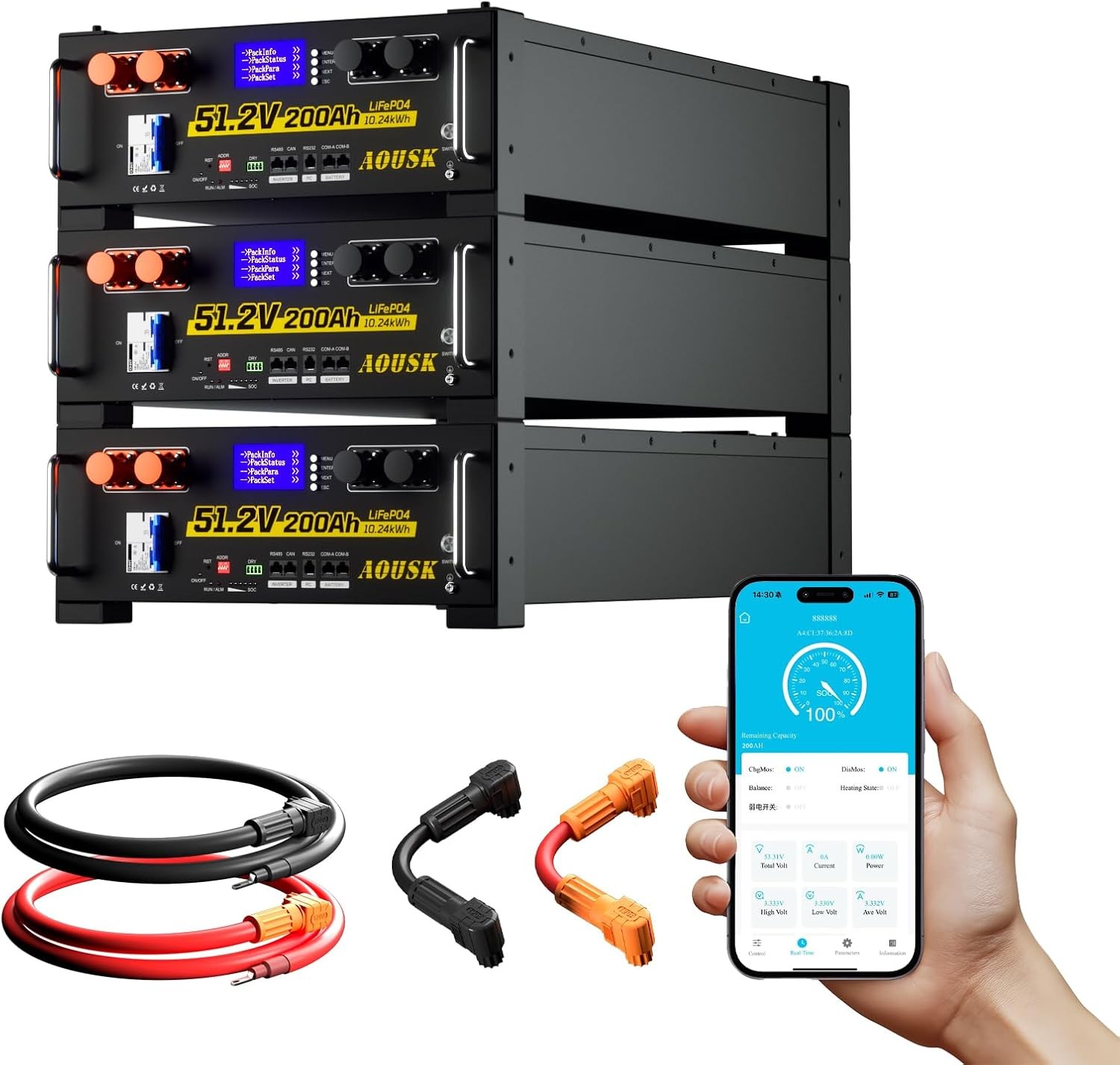 3 Pack 48V 200AH Server Rack LiFePO4 Lithium Battery 6000+ Cycles RS485 & CAN
