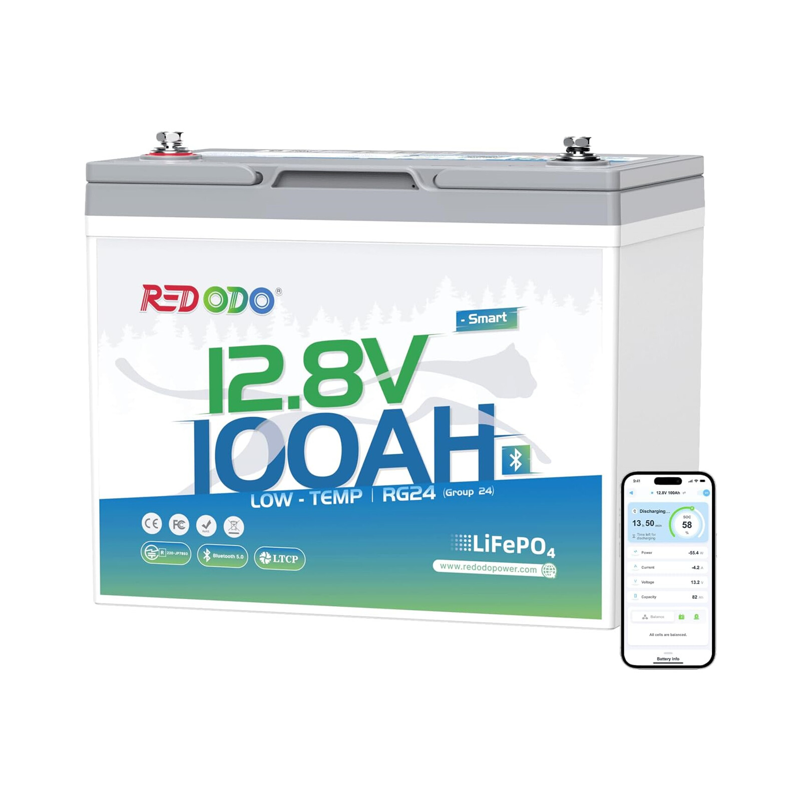 Redodo 12V 100Ah Group 24 Bluetooth LiFePO4 Lithium Battery for RV Marine Solar