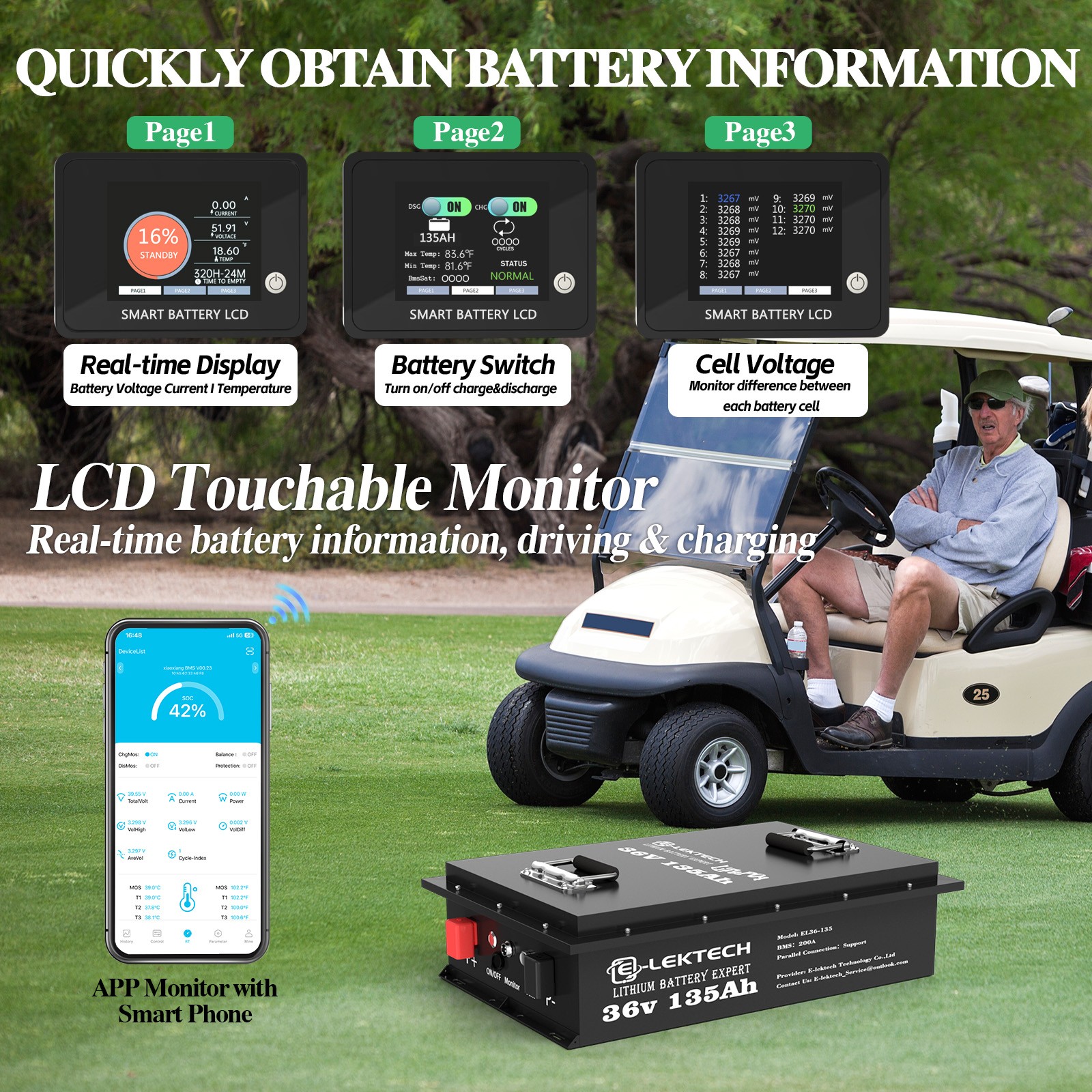 36V 135Ah Lithium Golf Cart Battery with 200A BMS+Monitor+Charger Solar Off-Grid