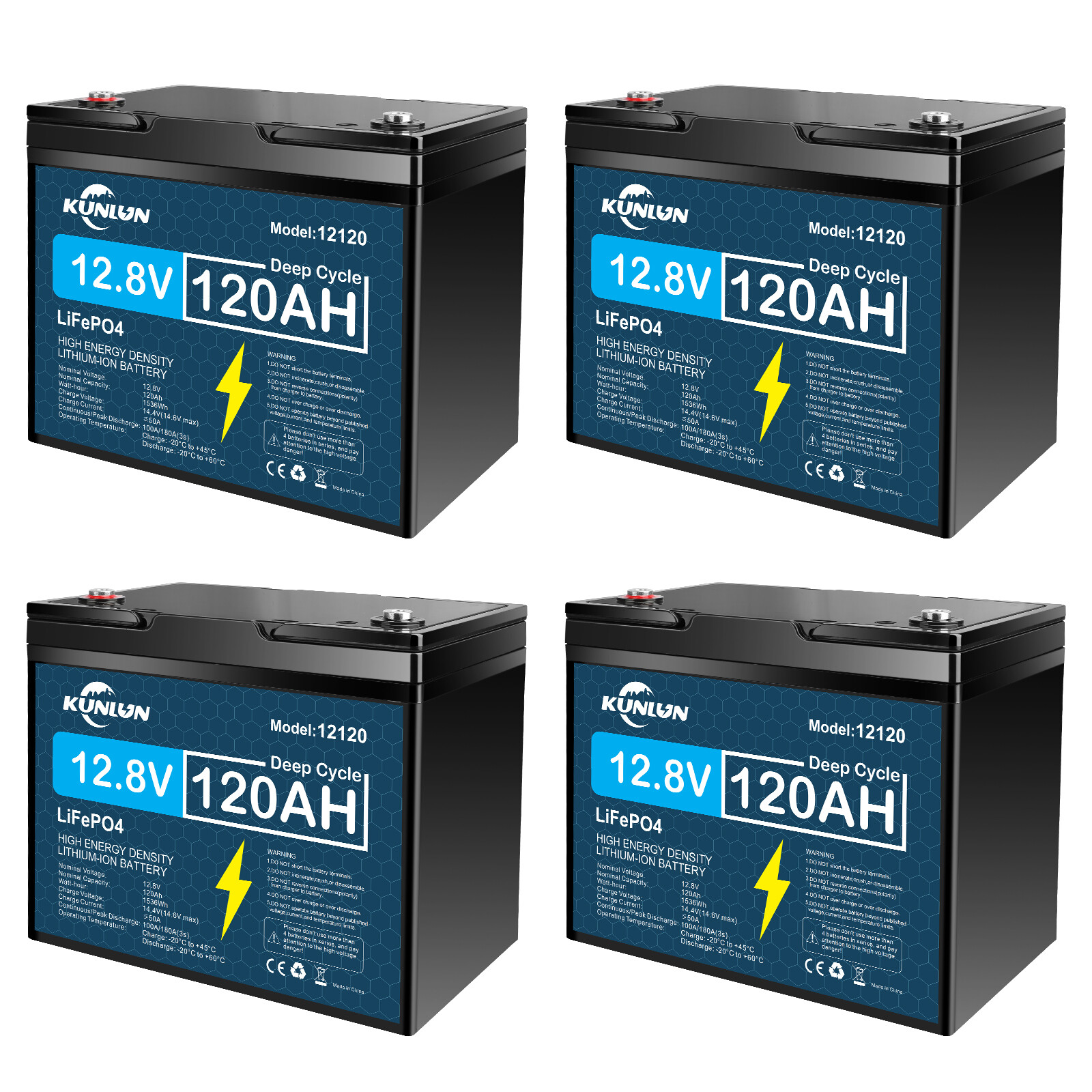 4 Pack 12V 120Ah LiFePO4 Lithium Battery, Deep Cycle, for RV Golf Cart