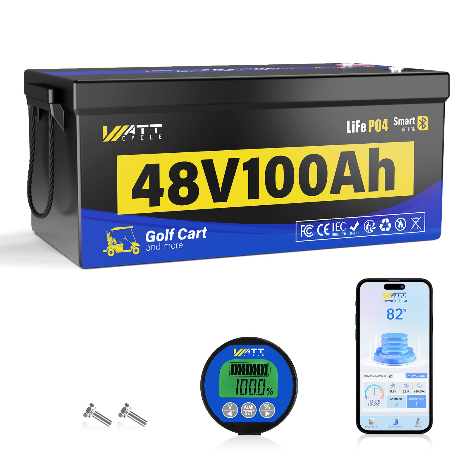 WattCycle 48V 100Ah LiFePO4 Battery Bluetooth Metal Case Deep Cycle Golf Cart