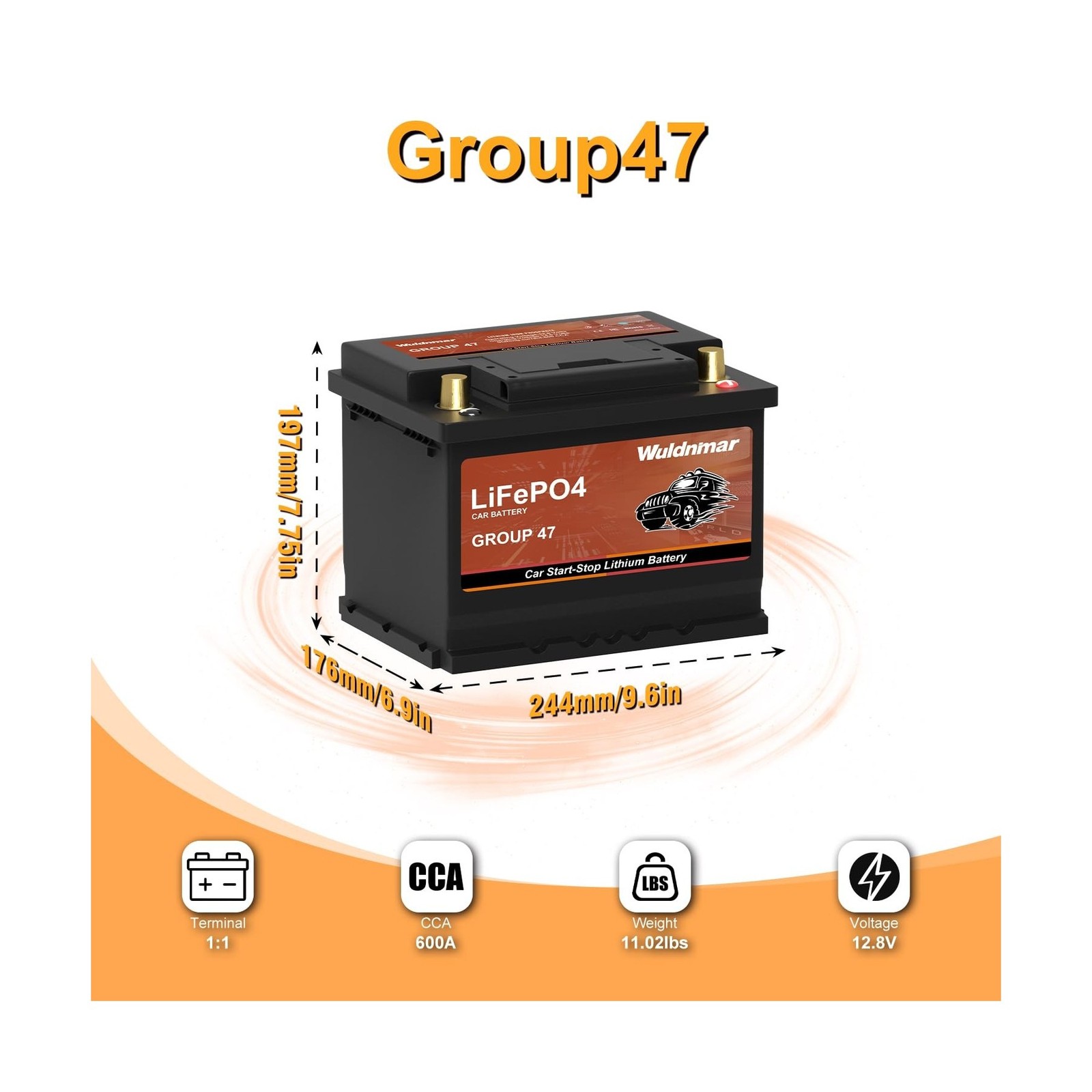 12V BCI Group 47 LiFePO4 Lithium Car Battery 600CCA Lightweight Automotive St…