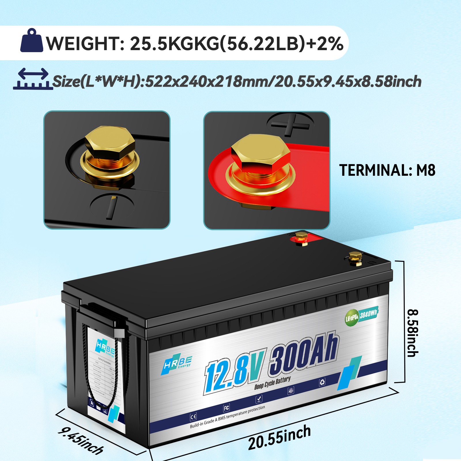 LiFePO4 12V 300Ah Deep Cycle Lithium Battery 200A BMS for RV Solar Boat Off-grid