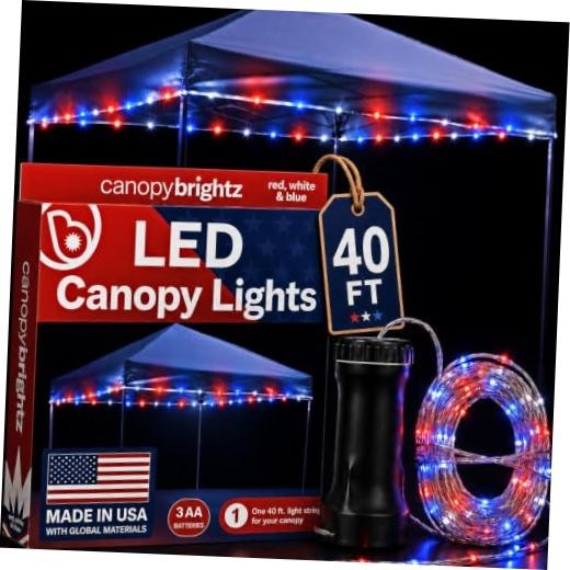 LED Patriotic Canopy Lights – 40 ft Red White & Blue String Lights – 4th of
