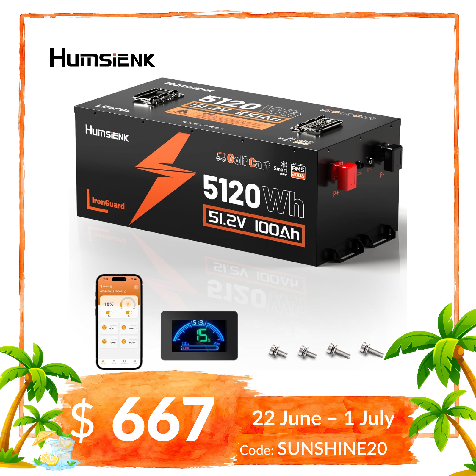 48V 100Ah 5120Wh Lithium LiFePO4 Golf Cart Battery 200A BMS Trolling Motor RV
