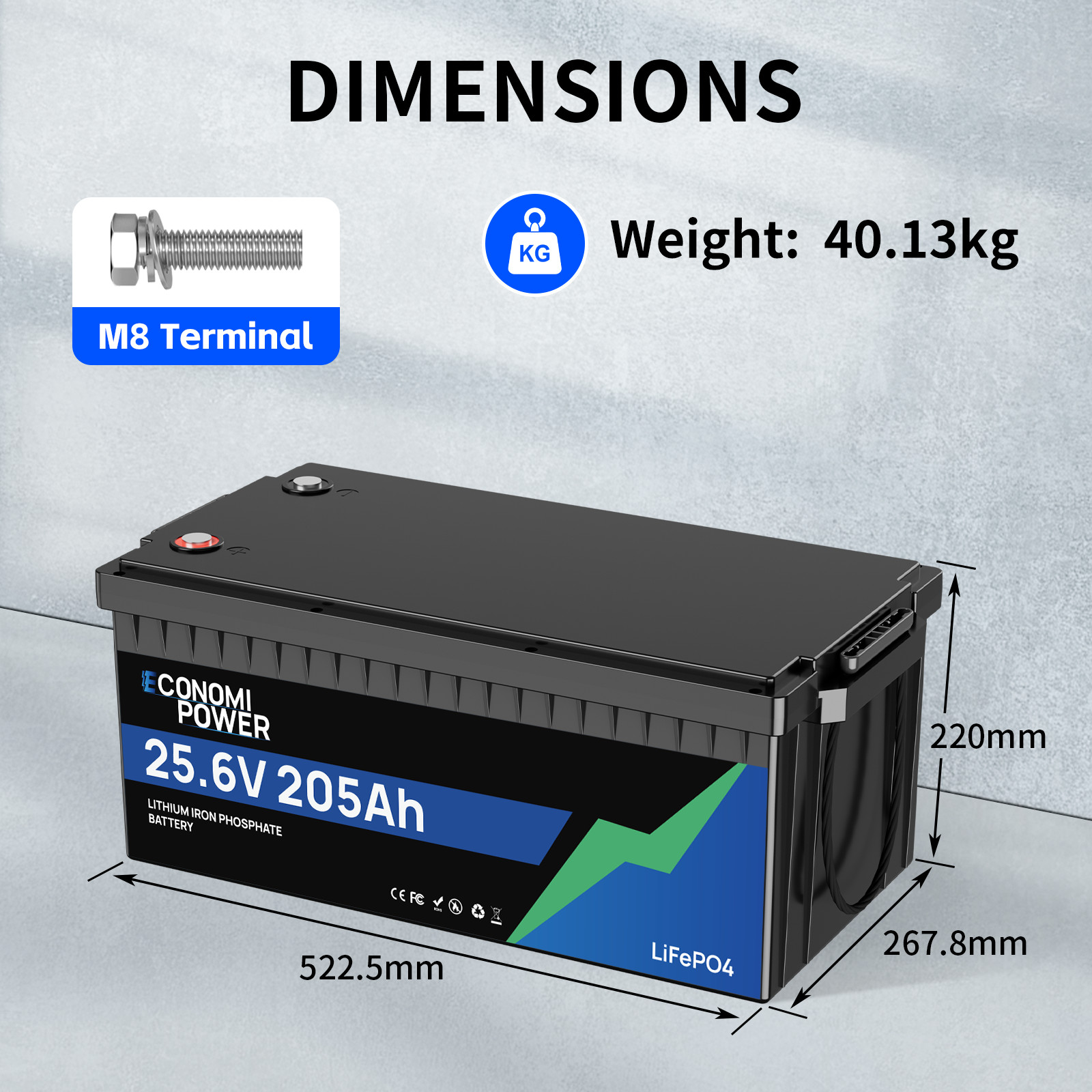 25.6V 205Ah LiFePO4 Battery 5.2kWh 200A BMS Bluetooth | RV Solar Marine Off-Grid