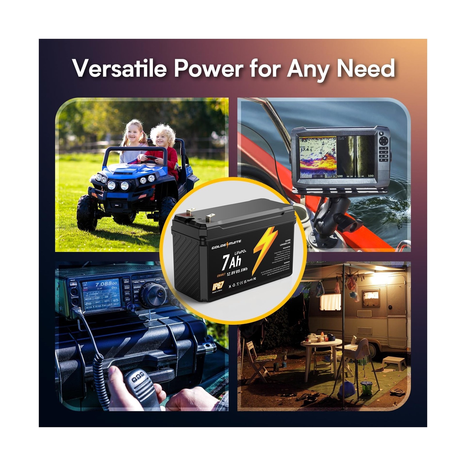 GOLDENMATE 12V 7Ah Lithium LiFePO4 Deep Cycle Battery(2 packs), 5000+ Cycles,…