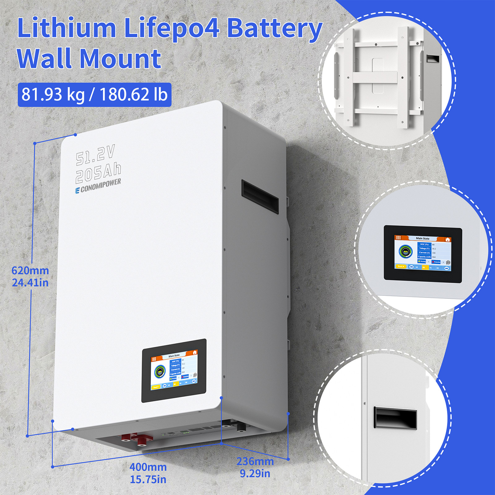 10KWh 51.2V 48V 200Ah LiFePO4 Lithium Battery BMS Wall Mount, Home Solar Storage