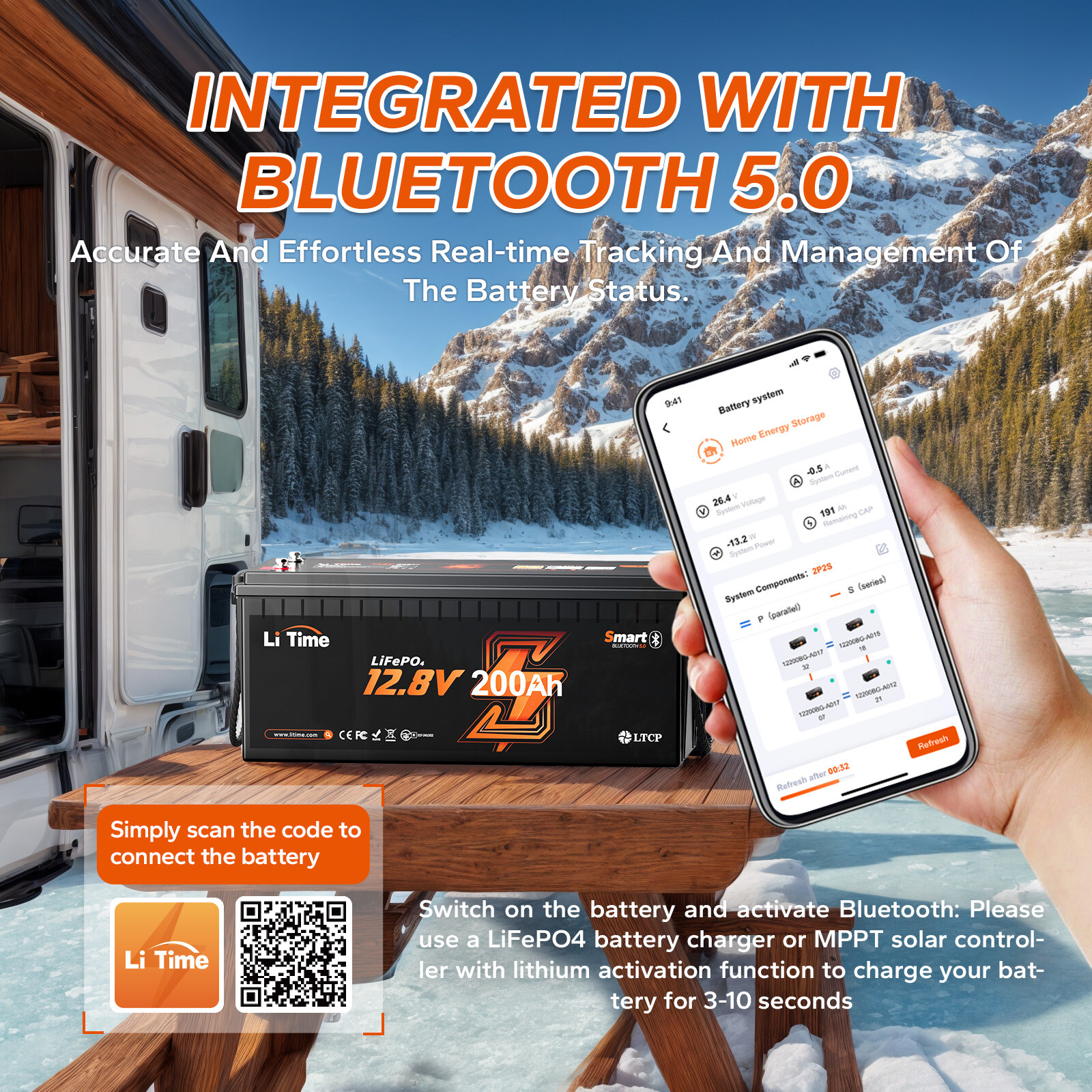 Refurbished LiTime 12V 200Ah Bluetooth Low Temp LiFePO4 Lithium Battery For RV