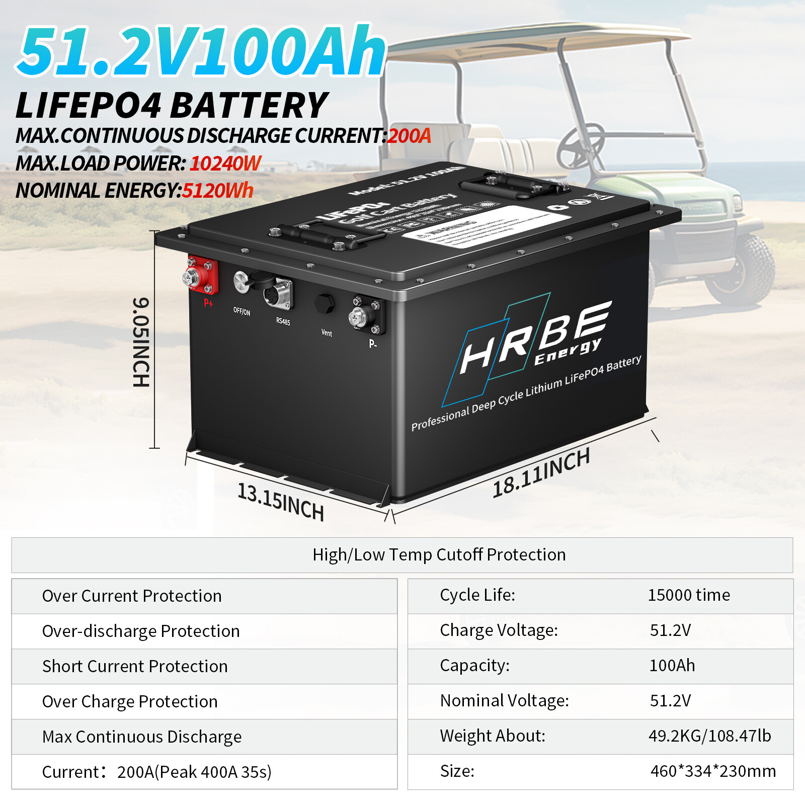 36V 100Ah 48V 100A Golf Cart Lithium LiFePO4 Battery 200A BMS 15000+ Deep Cycle