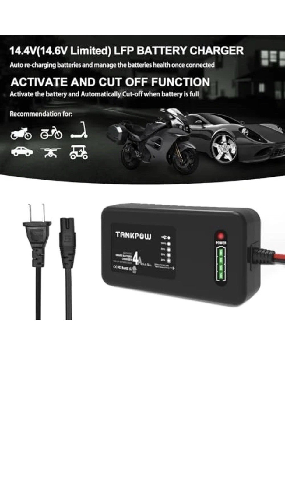 14.6V LiFePO4 Battery Charger,4A Lithium Battery Chargers,12V Smart LiPO