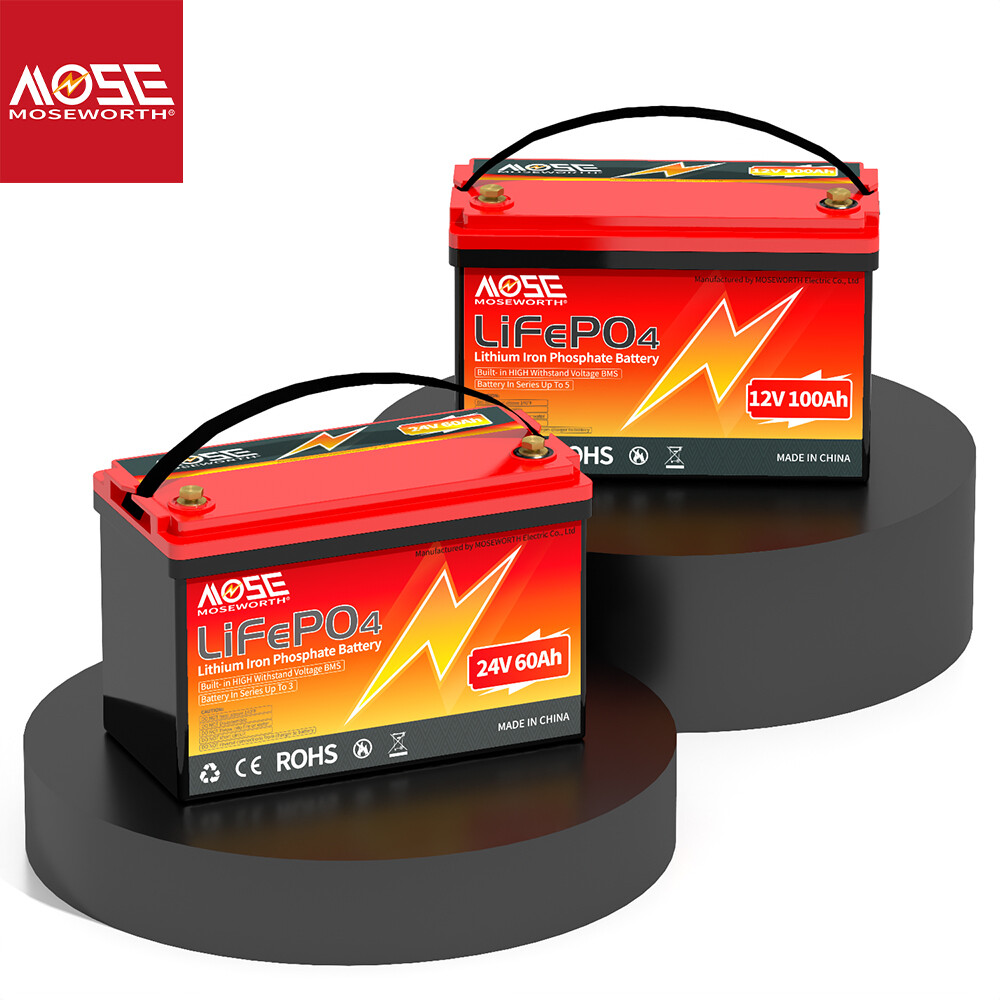 MOSEWORTH 12V 24V LiFePO4 60Ah 100Ah Lithium Battery Deep Cycle for Solar Marine