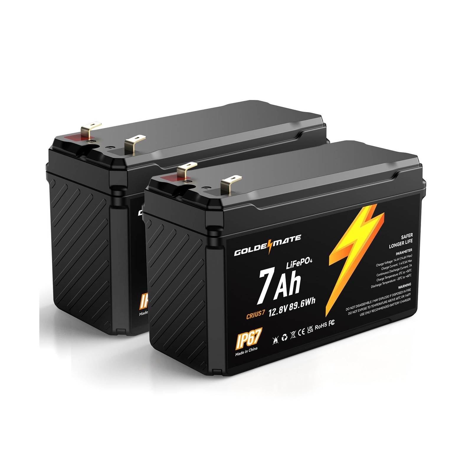 GOLDENMATE 12V 7Ah Lithium LiFePO4 Deep Cycle Battery(2 packs), 5000+ Cycles,…