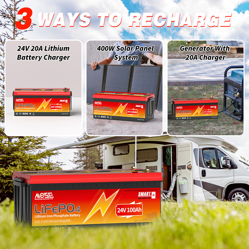 24V 100Ah LiFePO4 Deep Cycle Lithium Battery 2560Wh 100A BMS for Solar RV Boat