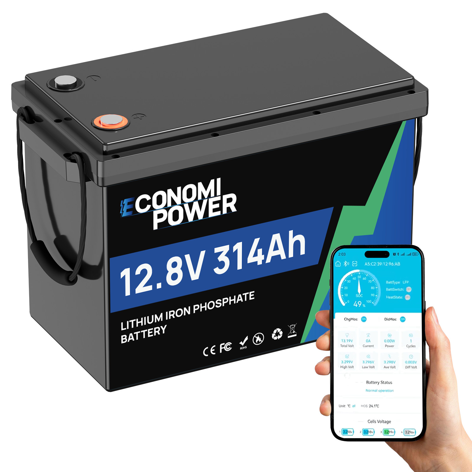 12V/12.8V 300Ah LiFePO4 Battery 314Ah 4019Wh Bluetooth 200A BMS, Solar RV Marine