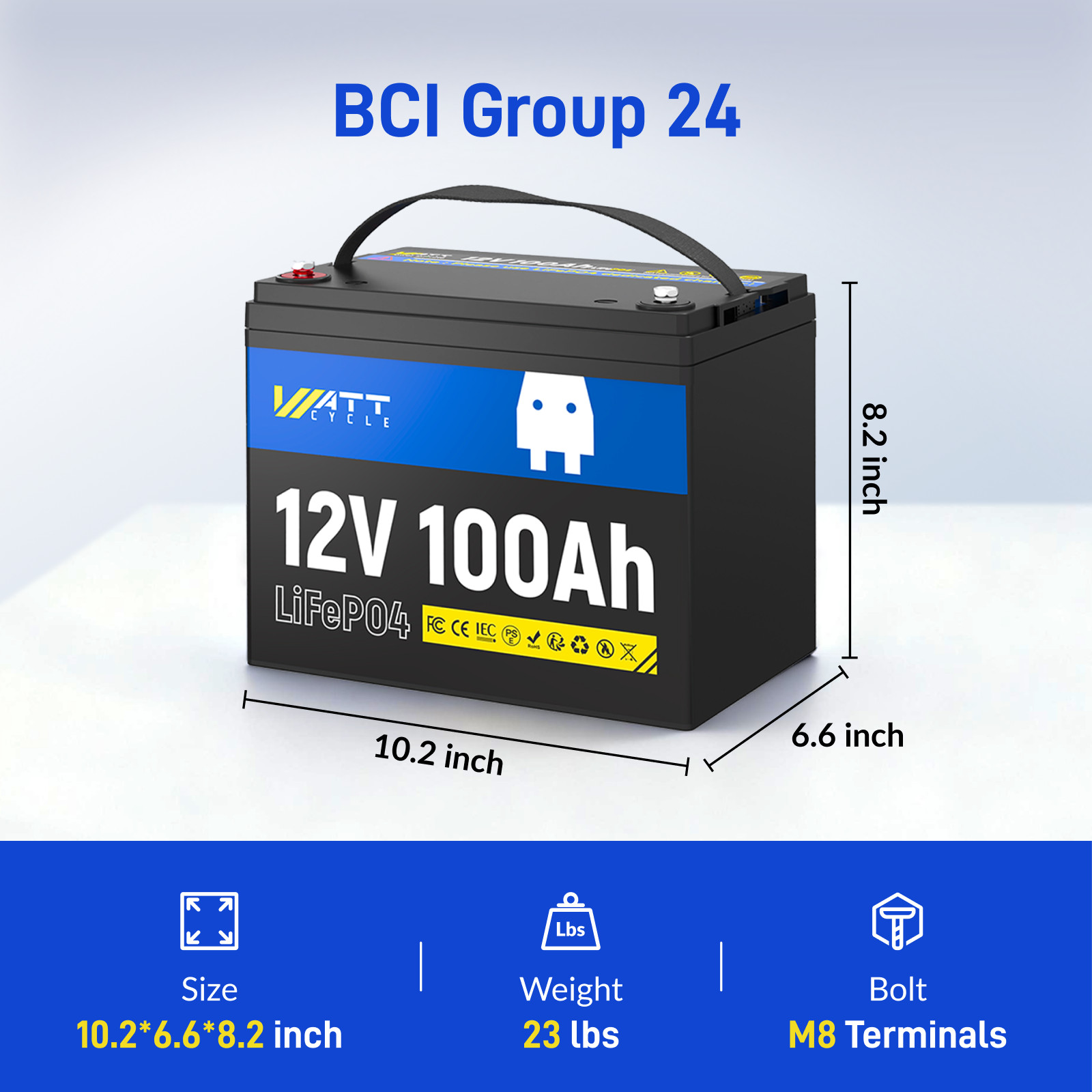 12V 100Ah 1280Wh with 100A BMS LiFePO4 Lithium Battery for Off-Grid Marine RV