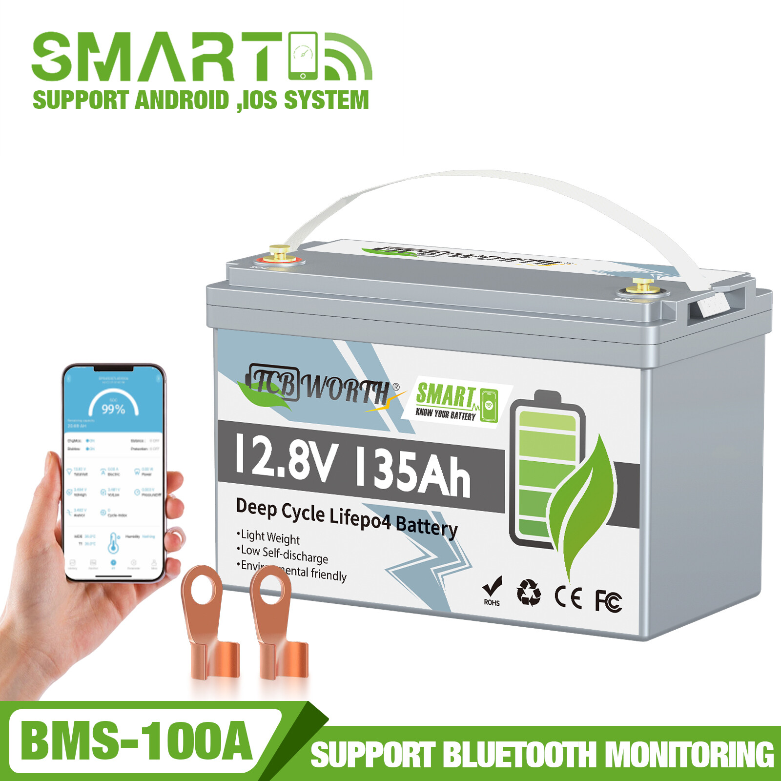 12V 135Ah Lithium Battery LiFePO4 100A BMS Bluetooth for Solar RV Yacht Marine