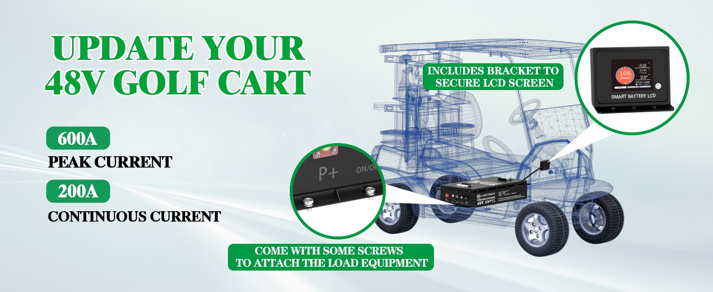 48V 135Ah Golf Cart LiFePO4 Lithium Battery kit 200A BMS with Charger Monitor