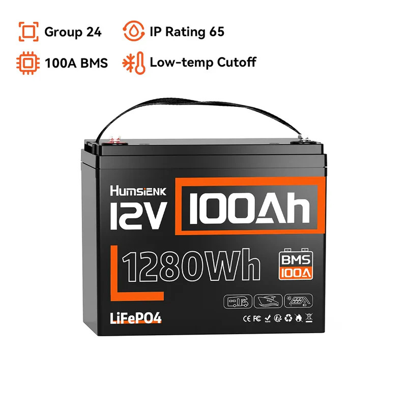 Humsienk 12V 100Ah Lithium Battery LiFePO4 Group 24 Deep Cycle for Kayat Boat RV