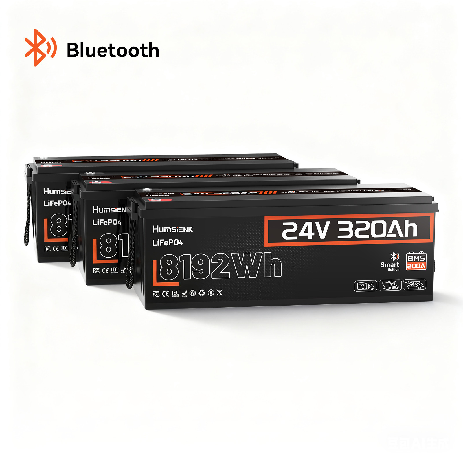 24V 320Ah LiFePO4 Battery 24.57KWh Deep Cycles Bluetooth Home Backup 3Pack