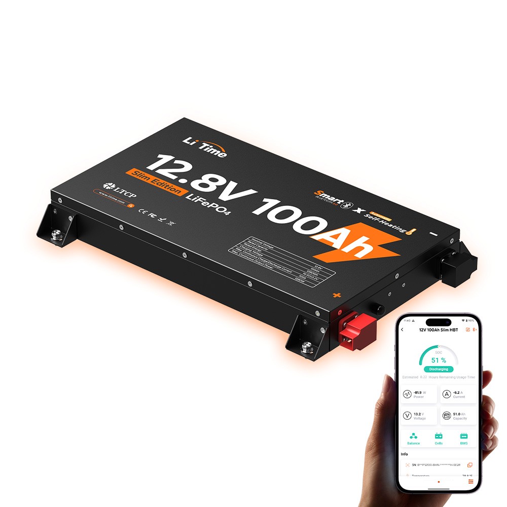 LiTime 12V 100Ah Slim Bluetooth Heating Metal Case Lithium Battery For RV Truck