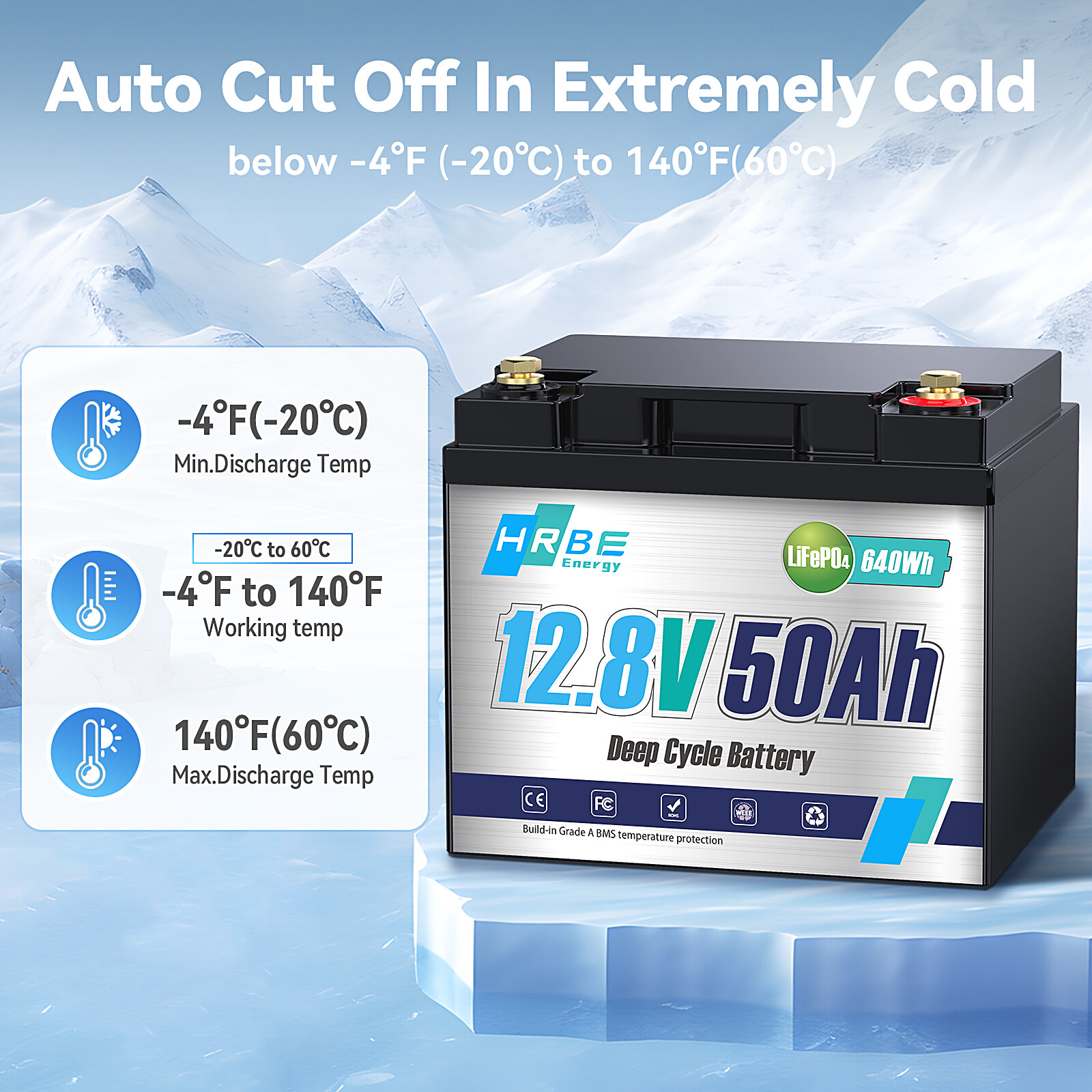 12V 50Ah LiFePO4 Deep Cycle Battery With 50A BMS For Wheelchair RV Marine Solar