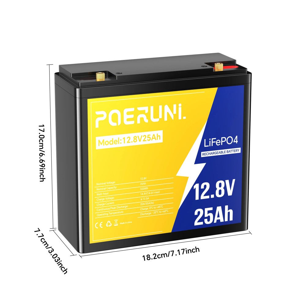 POERUNI 12V 25Ah LiFePO4 Lithium Battery Built-in BMS 5000+ Deep Cycle for Solar