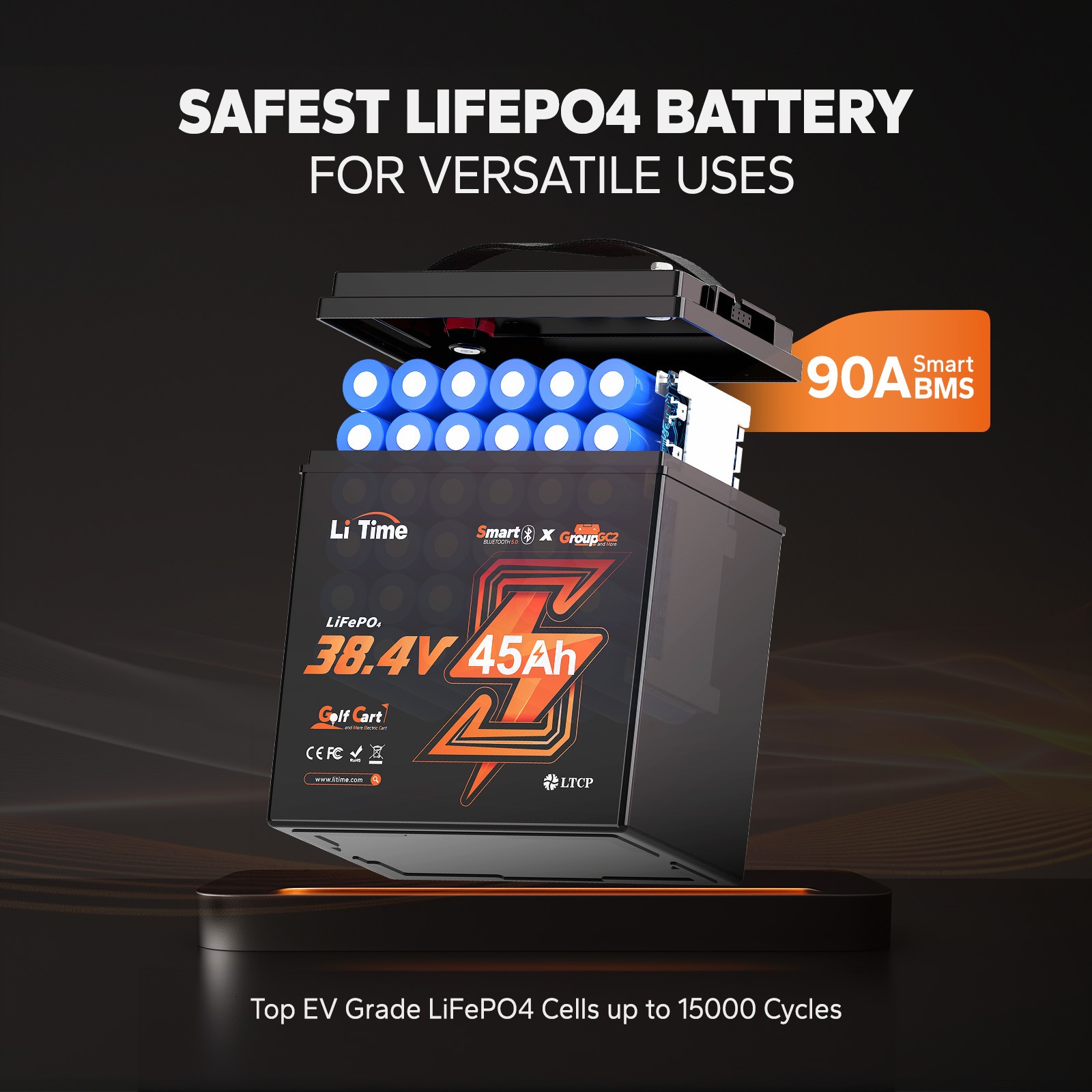 LiTime 36V 45Ah TM Bluetooth LiFePO4 Lithium Battery 90A BMS For Trolling Motor