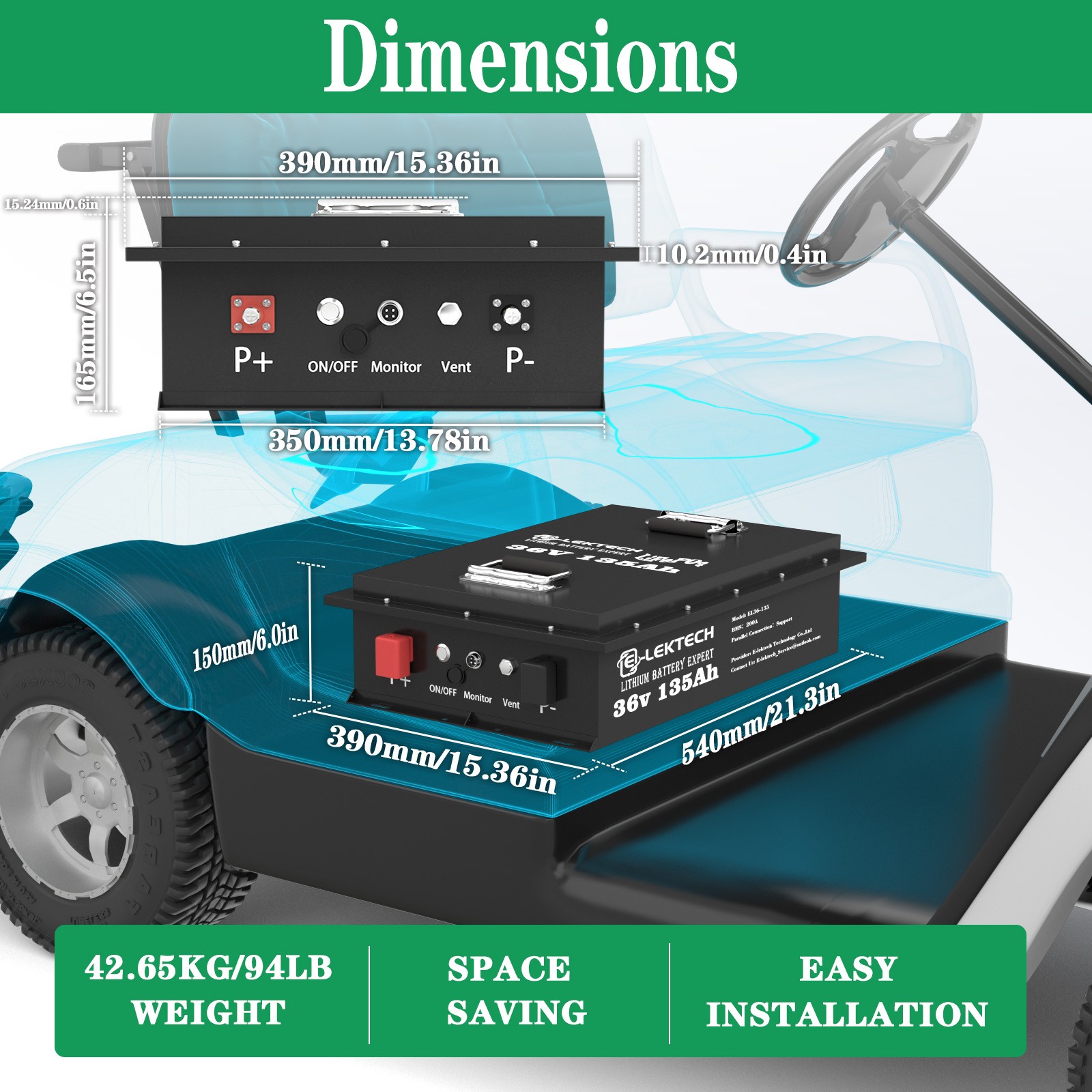 36V 135Ah Lithium Golf Cart Battery with 200A BMS+Monitor+Charger Solar Off-Grid