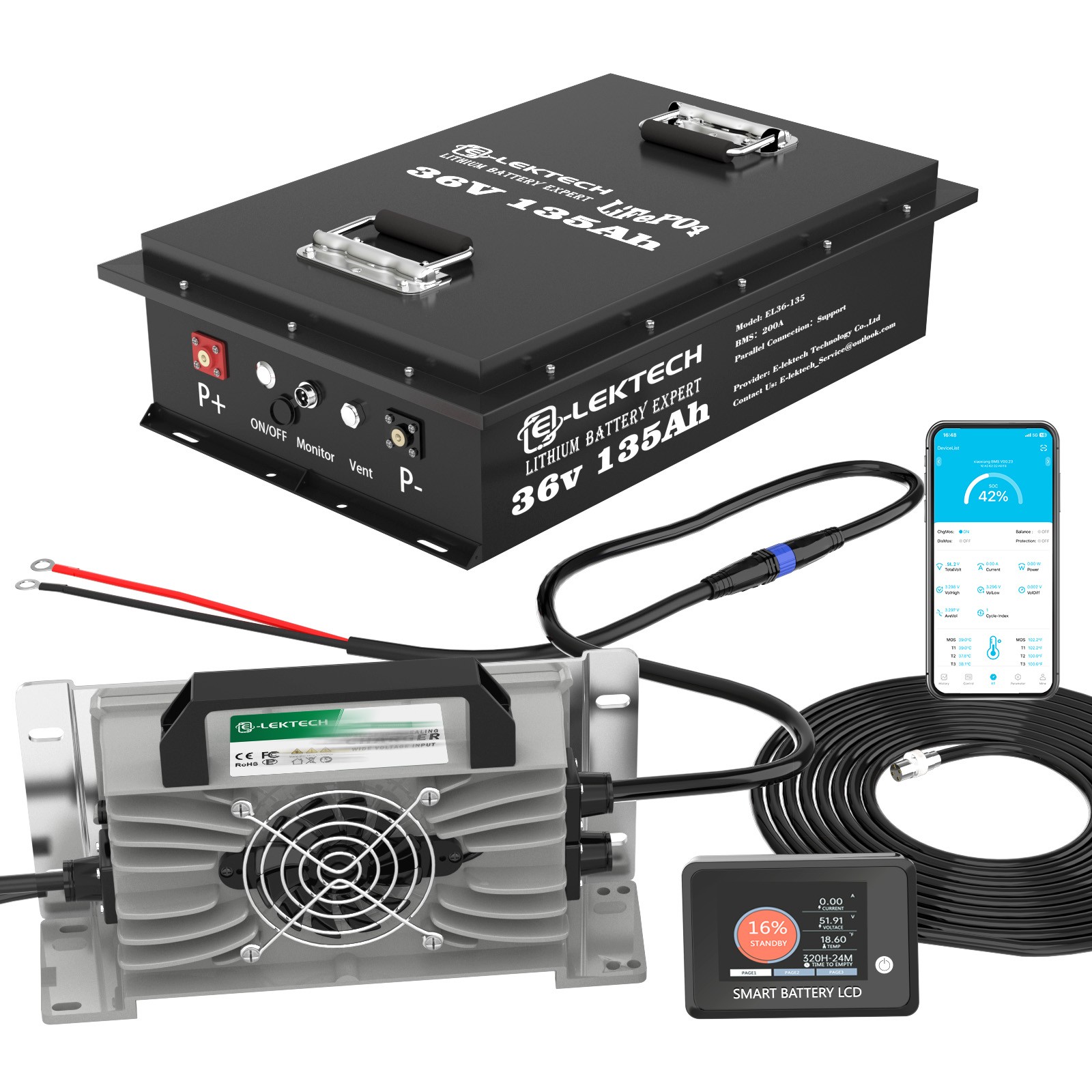 36V 135Ah Lithium Golf Cart Battery with 200A BMS+Monitor+Charger Solar Off-Grid