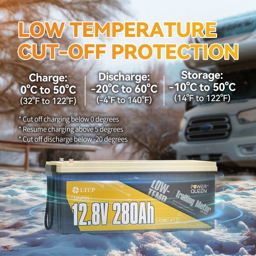 Refurbished Power Queen 12.8V 280Ah Low-Temp LiFePO4 Lithium Battery Deep Cycle