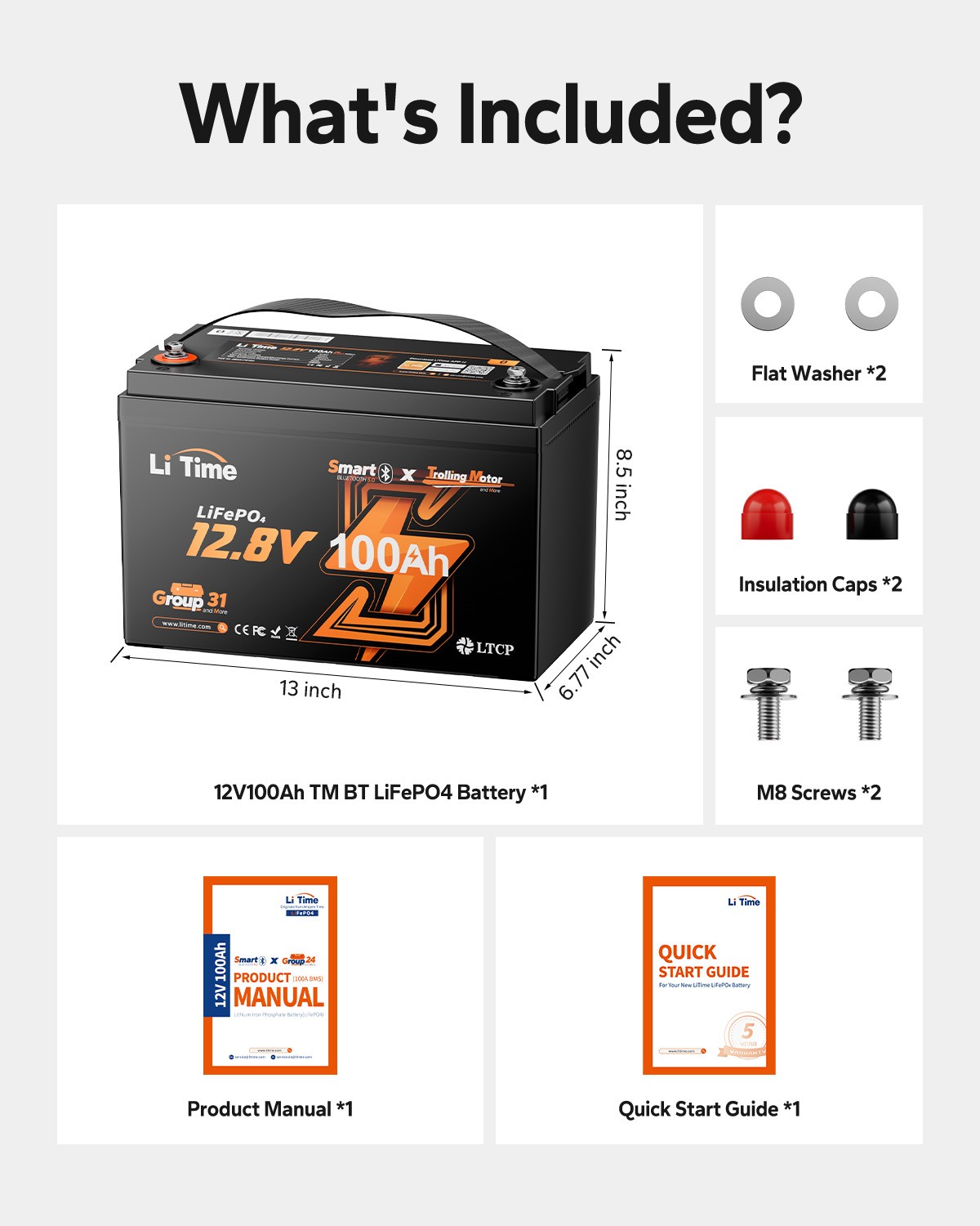 LiTime 12V 100Ah TM Group31 Bluetooth LiFePO4 Lithium Battery For Trolling Motor