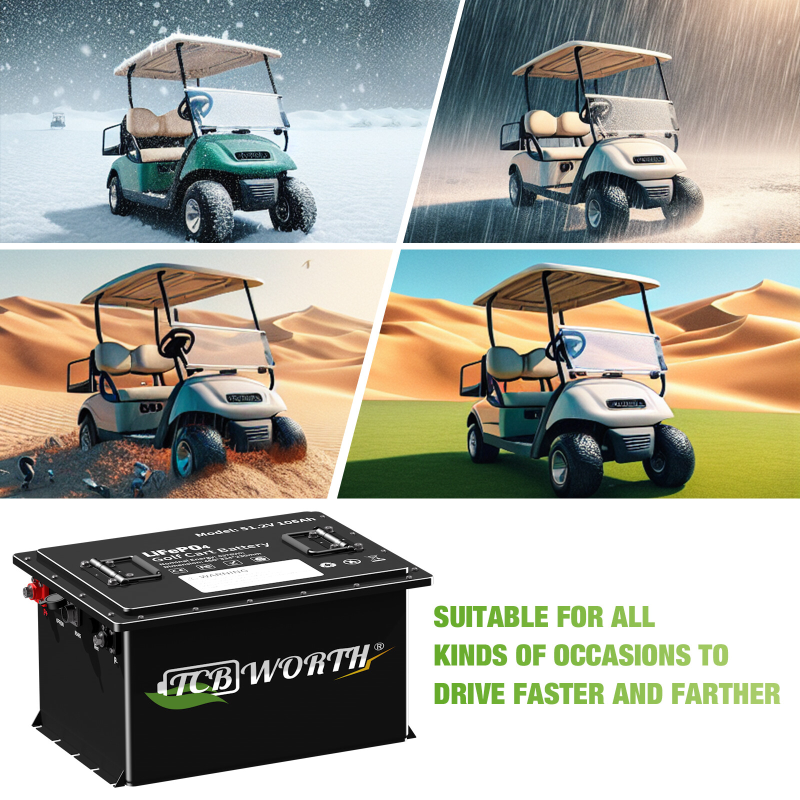 48V 105Ah Golf Cart Lithium LiFePO4 Battery 200A BMS Club Car 15000+ Deep Cycle