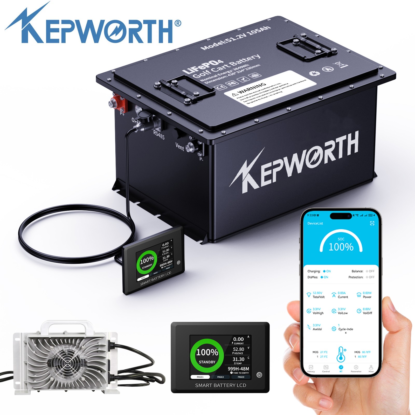 48V 105Ah Battery LiFePO4 Lithium Golf Cart 200A BMS METAL BOX+Monit+20A Charger
