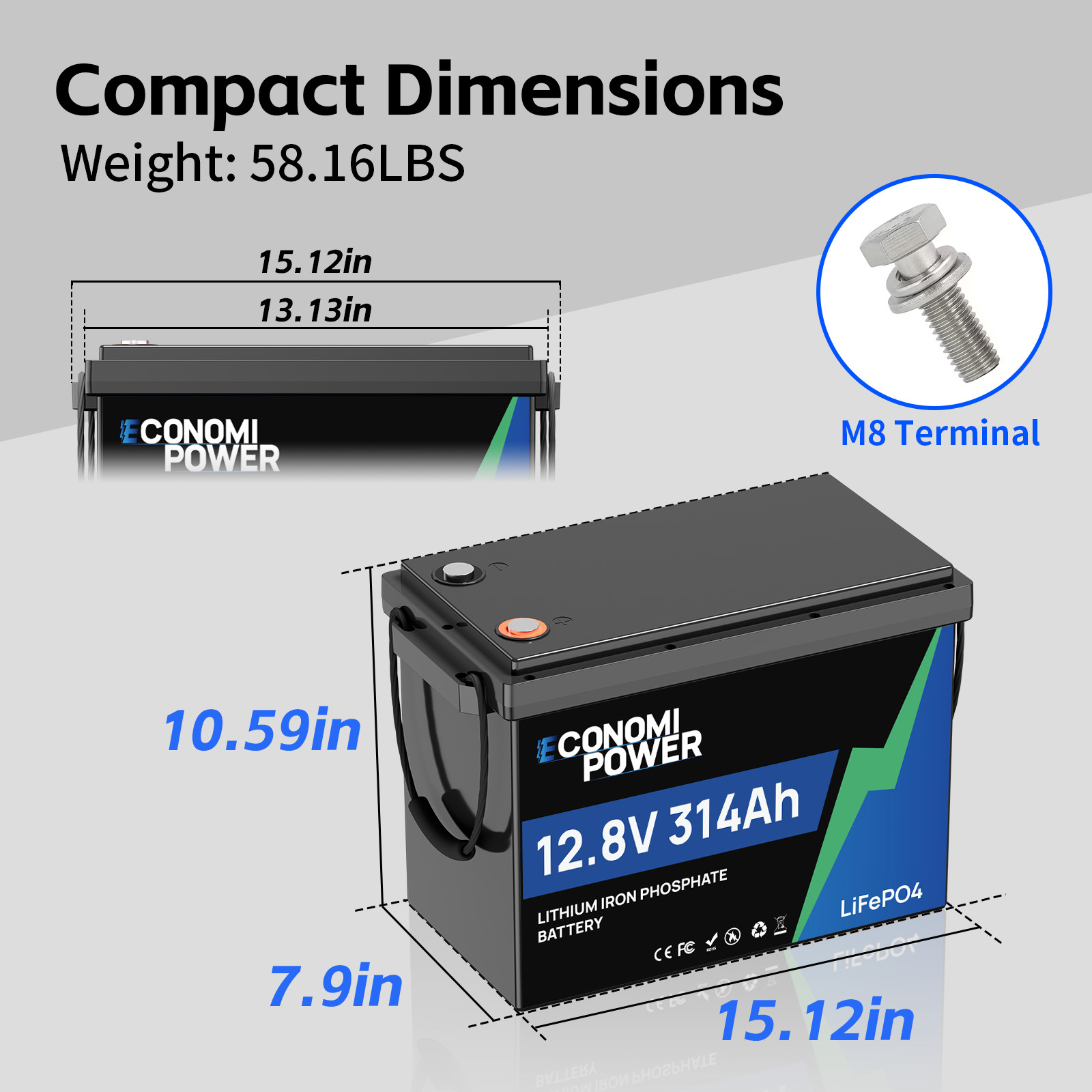 12V/12.8V 300Ah LiFePO4 Battery 314Ah 4019Wh Bluetooth 200A BMS, Solar RV Marine