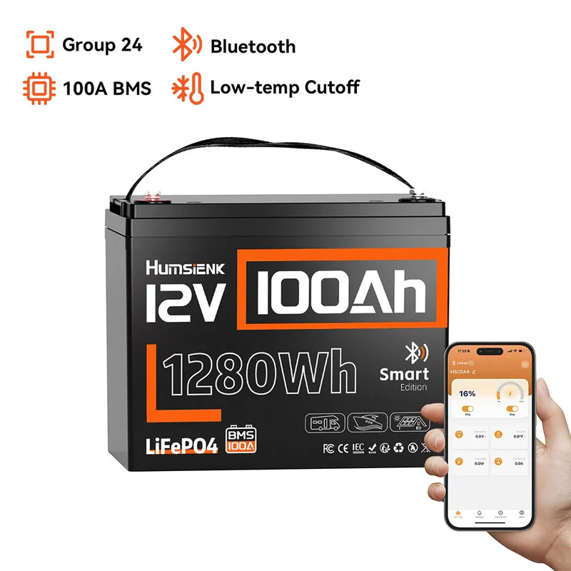 Humsienk 12V 100Ah Bluetooth LiFePO4 Lithium Battery 100A BMS 15000+ Cycles Van