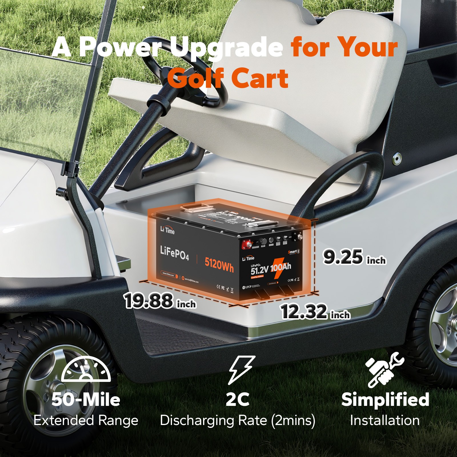 LiTime 48V 100Ah Bluetooth Golf Cart Lithium Battery with Real-Time Monitoring