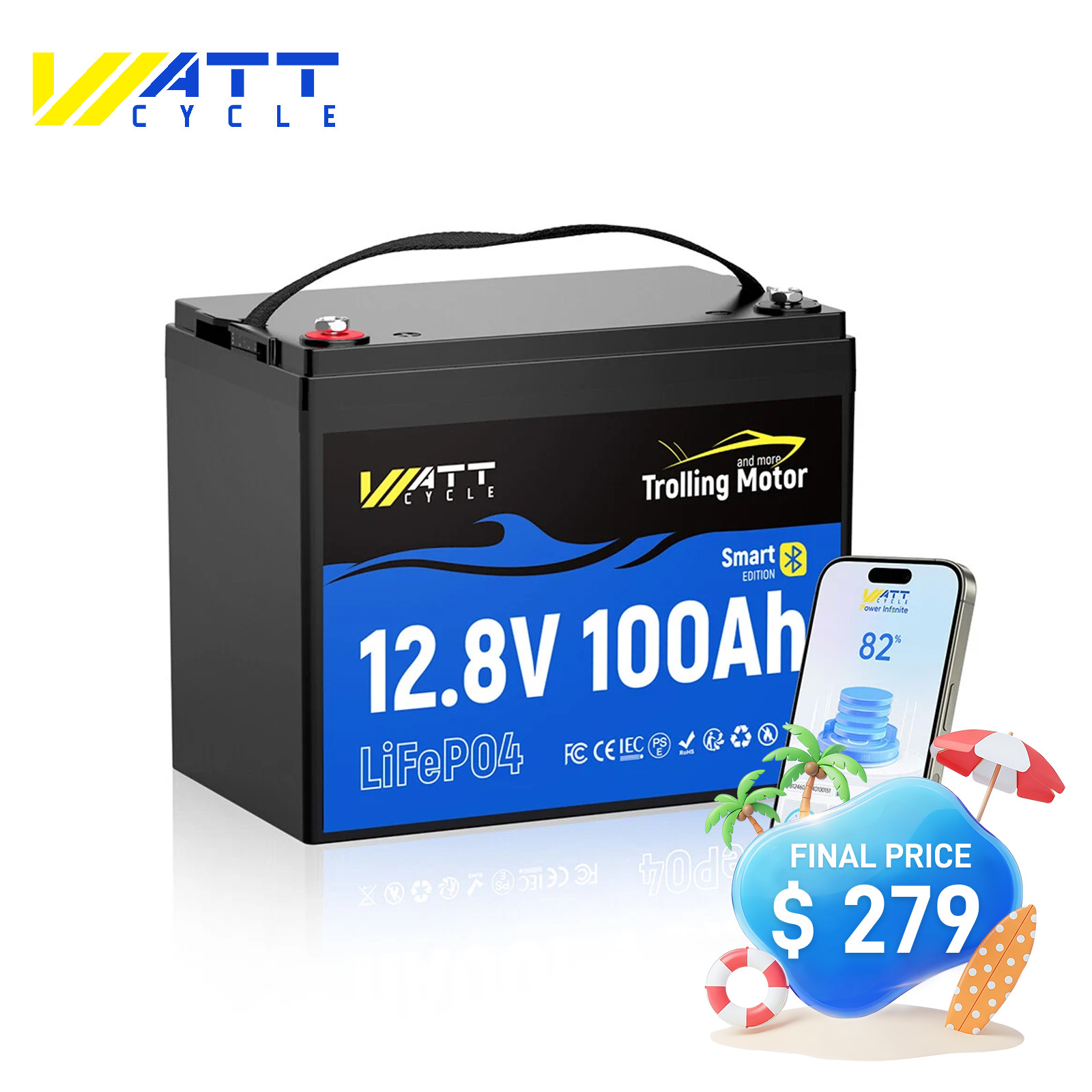 ‎Wattcycle 12V 100Ah 100A BMS Lithium Battery for RV Trolling Motor Boat Solar