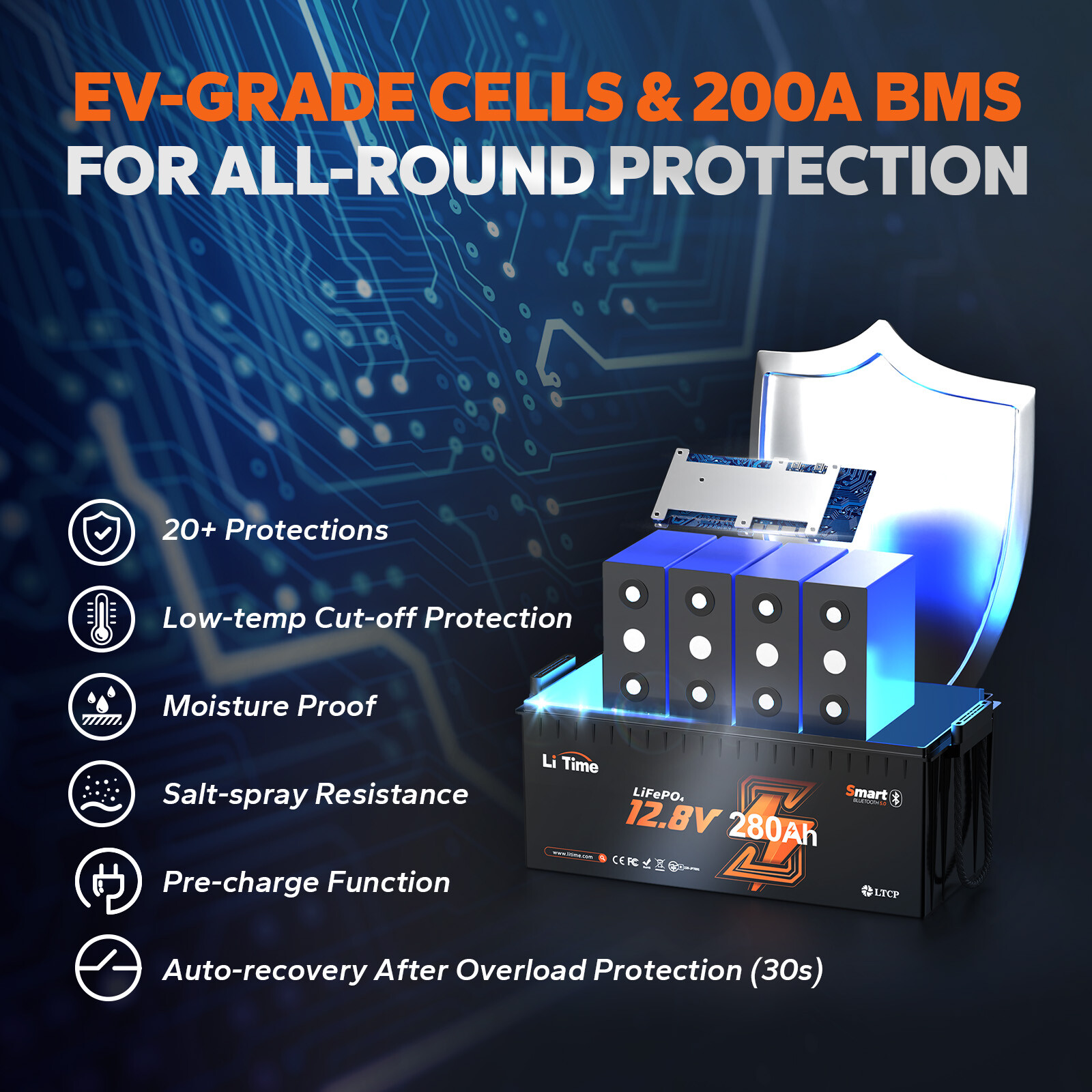 LiTime 12V 280Ah Bluetooth Low-Temp LiFePO4 Lithium Battery For RV Solar Marine