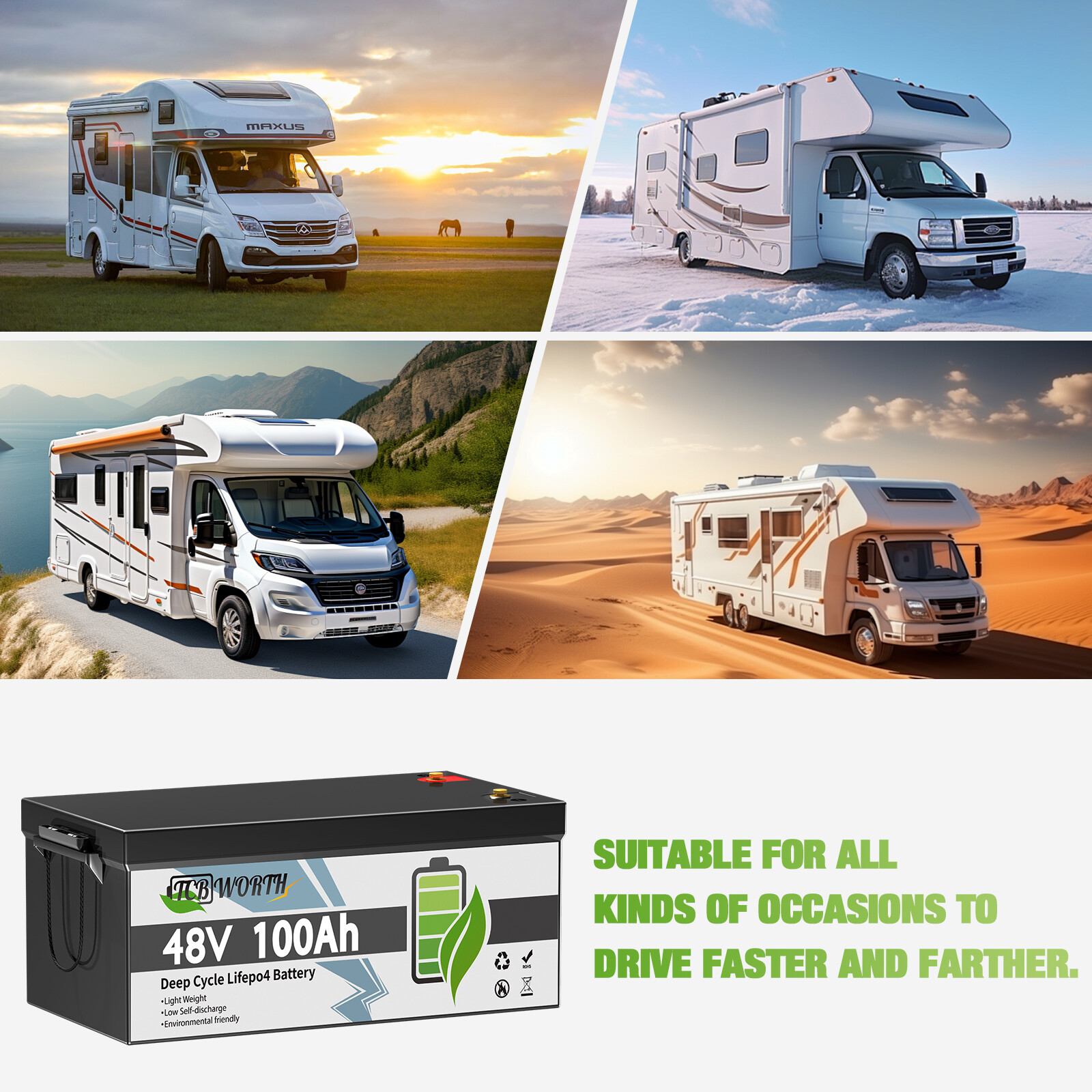 48V 100Ah LiFePO4 Lithium Battery Bluetooth BMS with Charger For RV Golf Carts