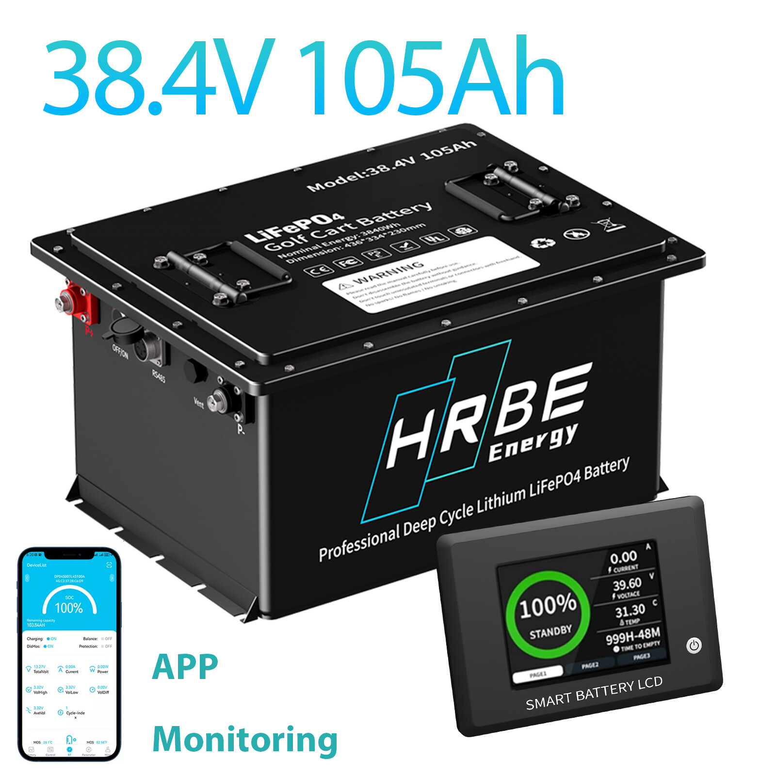 36V 105Ah Golf Cart LiFePO4 Lithium Battery 200A BMS 20A Charger WithMonitor APP