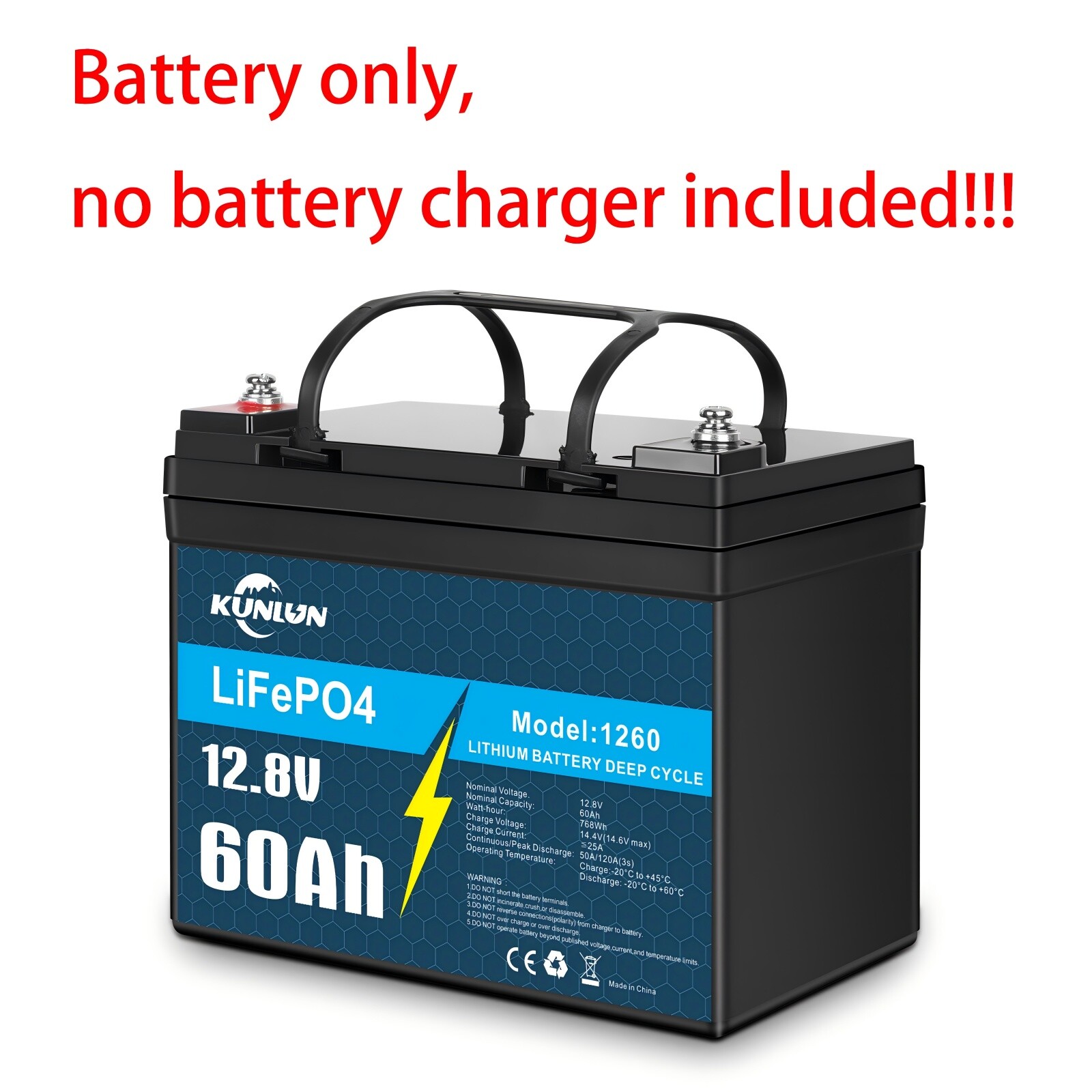 12V 60Ah LiFePO4 Battery Only / 20A Charger Only / Combo for RV, Golf Cart