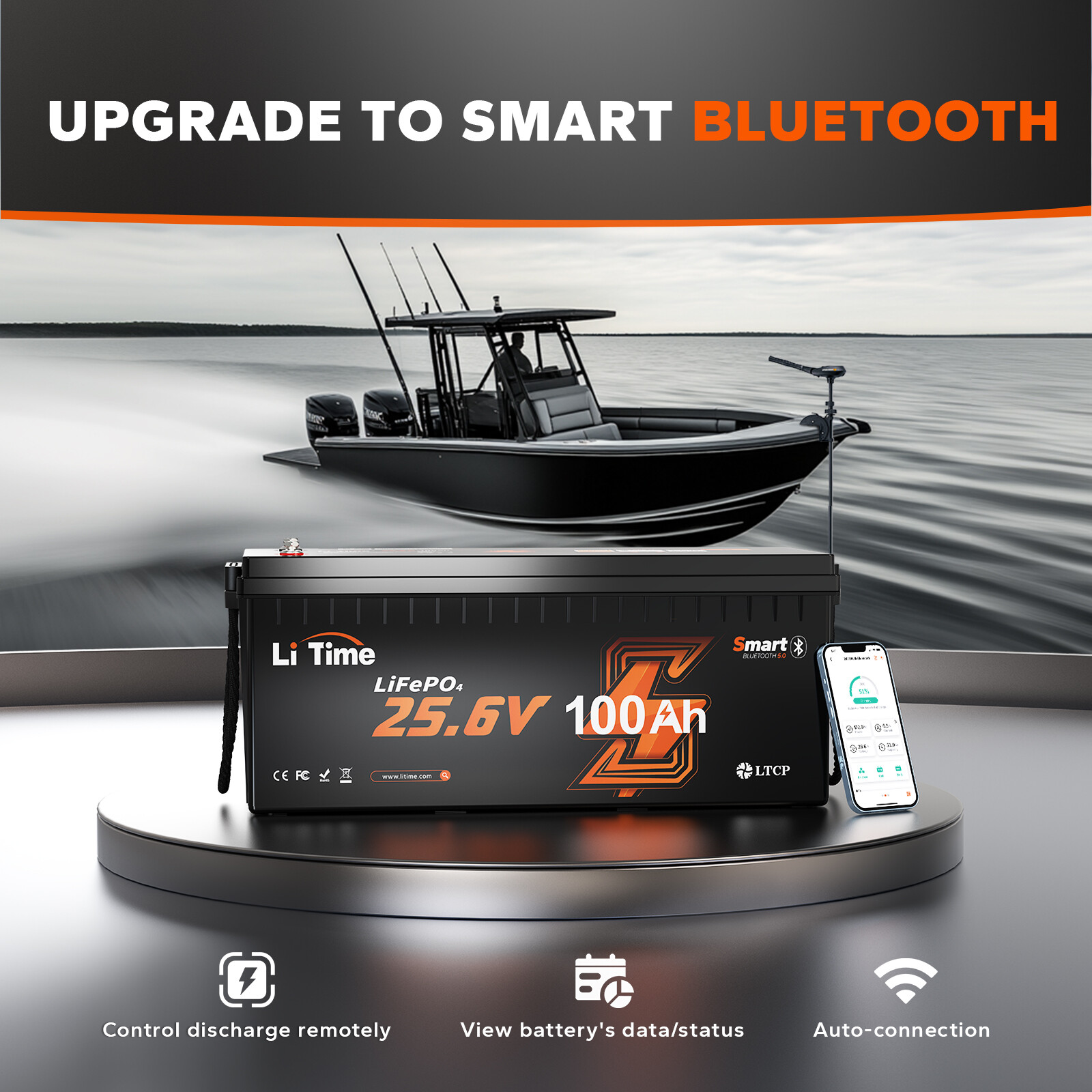 LiTime 24V 100Ah Bluetooth LiFePO4 Lithium Battery Deep Cycle For Trolling Motor