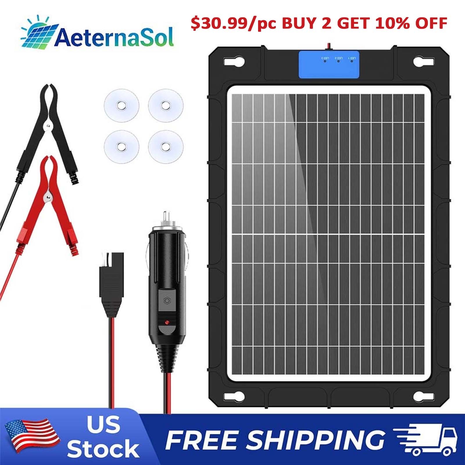 AeternaSol Solar Panel 12V Trickle Battery Charger Kit Maintainer Boat Car RV
