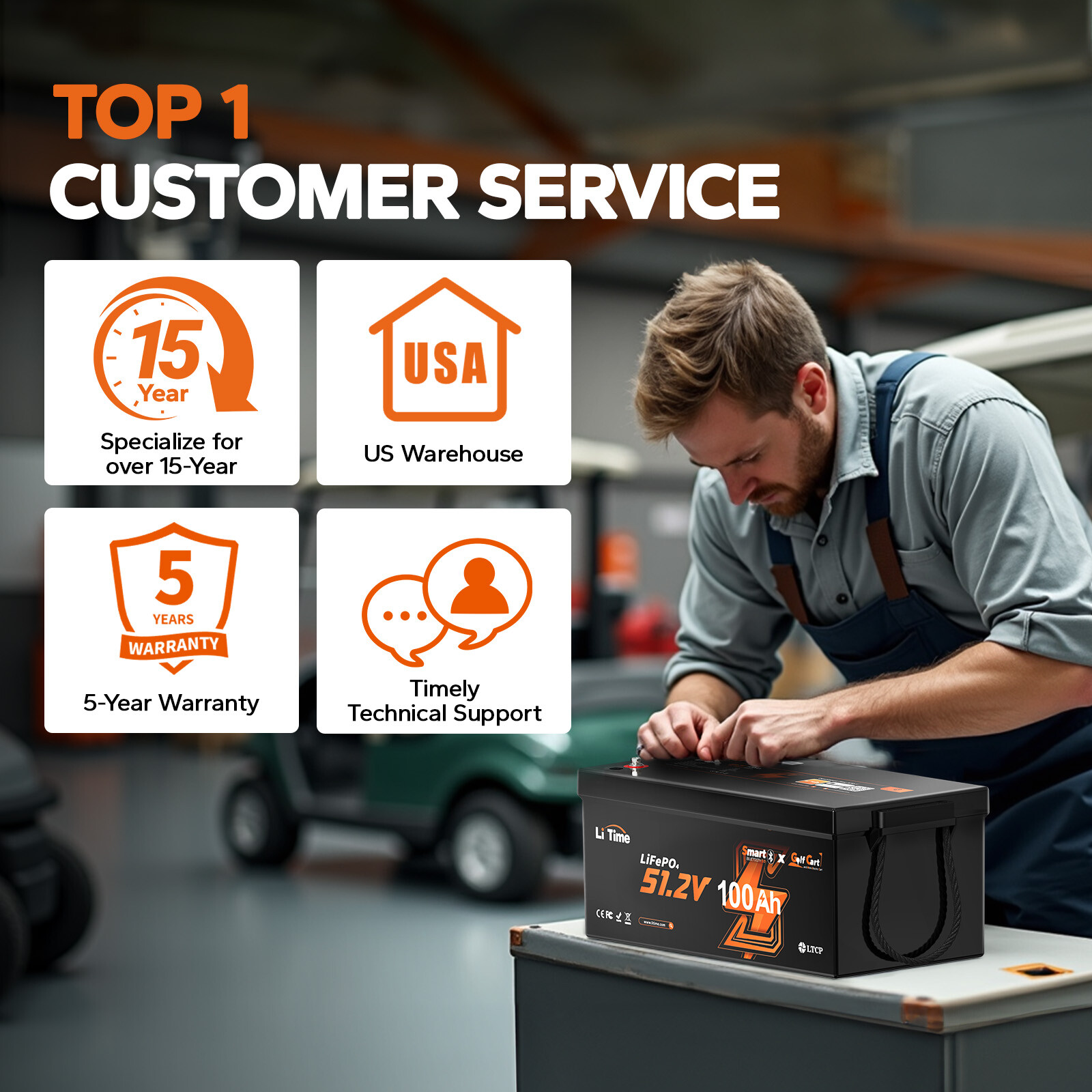 LiTime 48V 100Ah Bluetooth Golf Cart LiFePO4 Lithium Battery + 58.4V 18A Charger