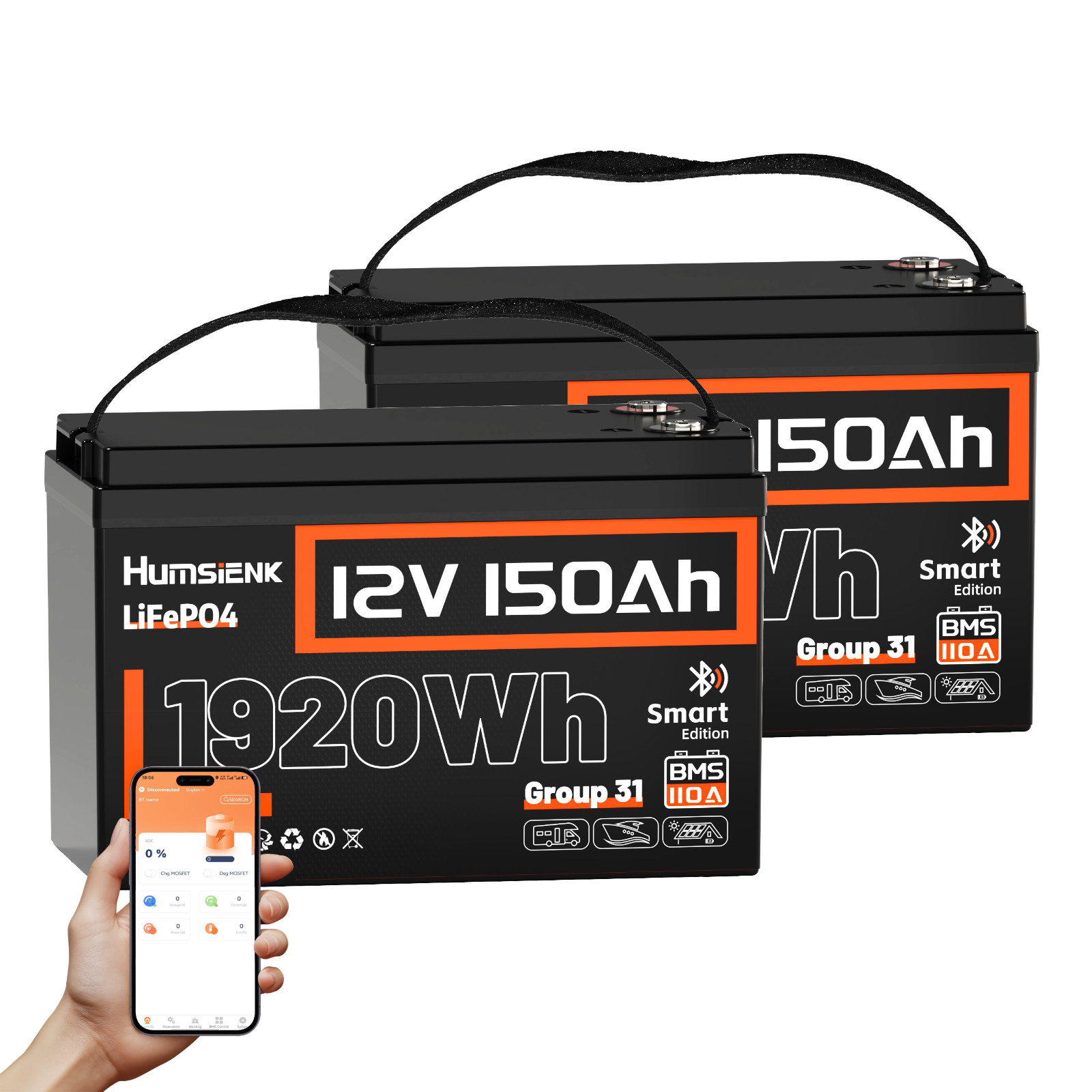 2x Humsienk 3840Wh 12V 150Ah LiFePO4 Battery Group 31 Bluetooth Marine Solar RVs