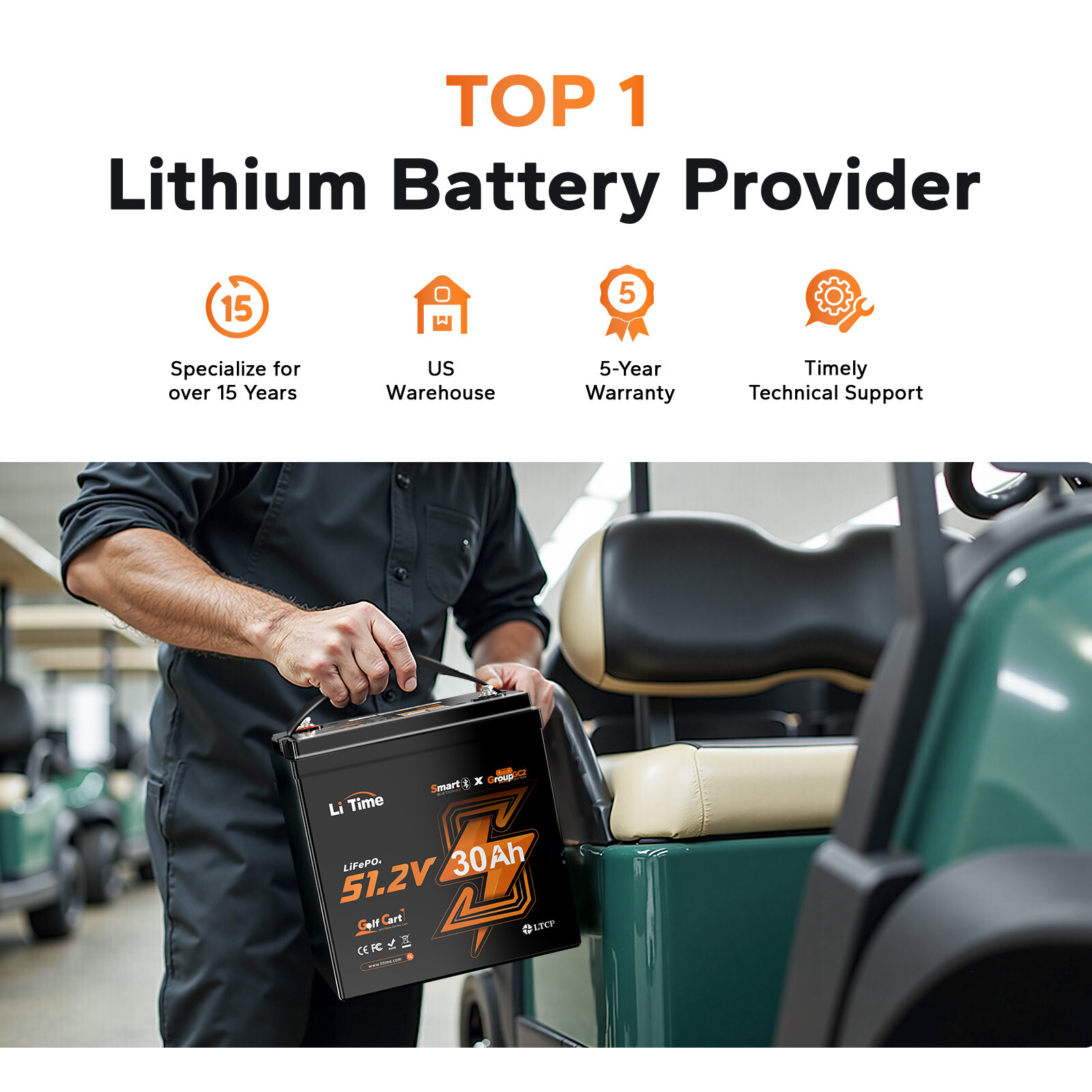 LiTime 48V 30Ah GC2 Smart Low Temp LiFePO4 Lithium Battery For Golf Cart 3kW