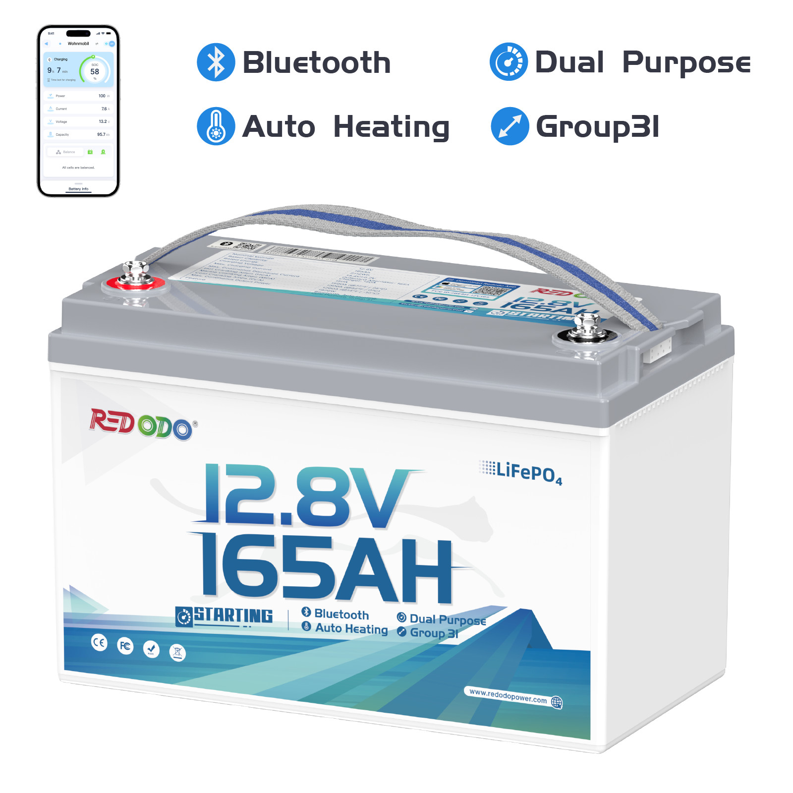 Redodo 2 Pack Bluetooth 12V 165Ah Dual Purpose Marine Battery 1200CCA Group 31