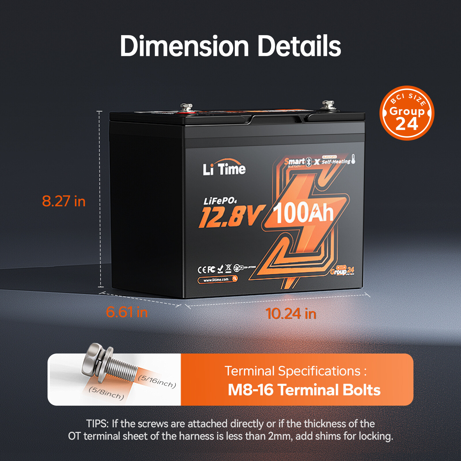 LiTime 12V 100Ah LiFePO4 Self Heating Battery Group 24 Size Bluetooth RV Lithium